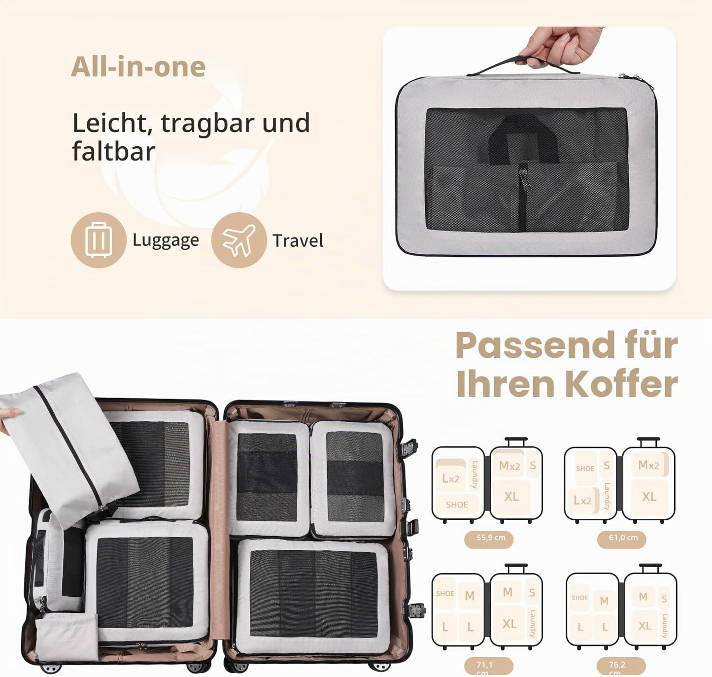 Kompressions-Packwürfel-Set, Creme 8 Set