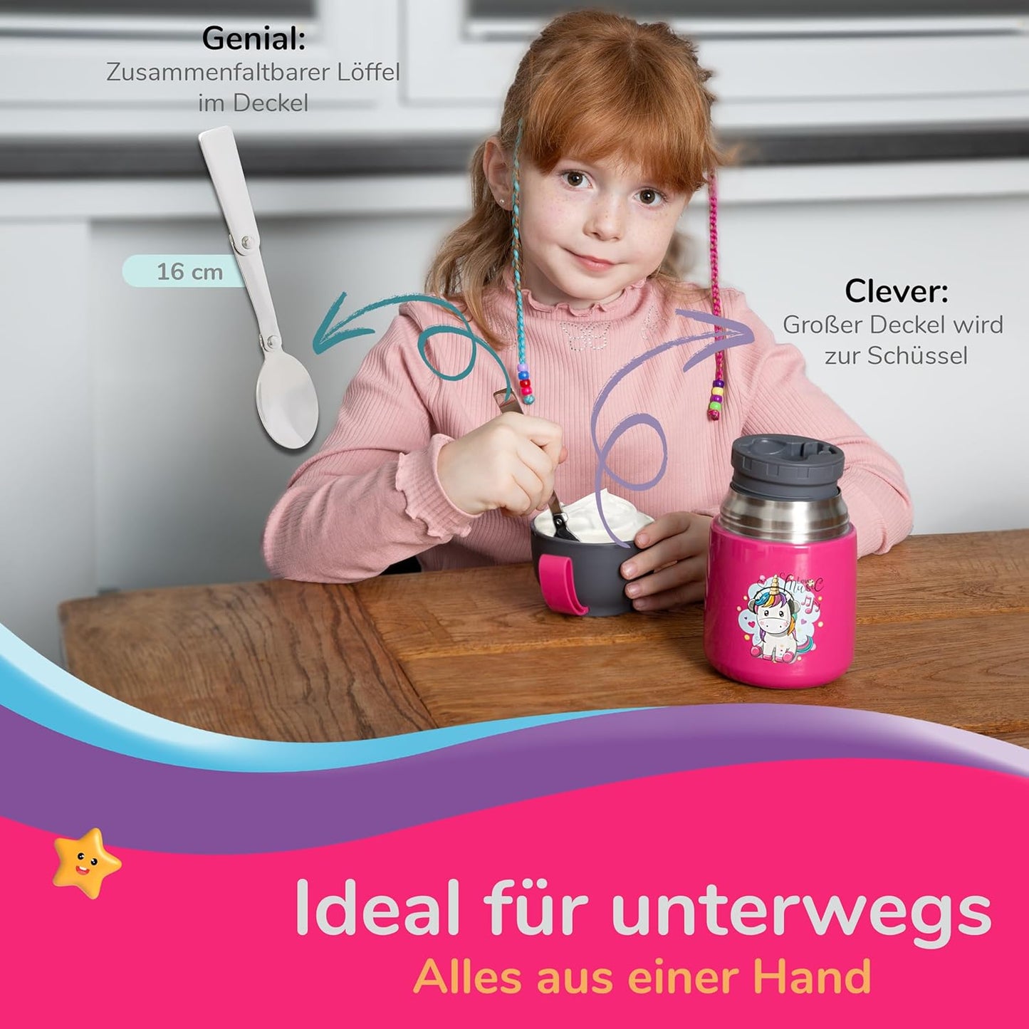 Thermobecher für Speisen und Getränke, 500ml, Emma Einhorn (Pink)