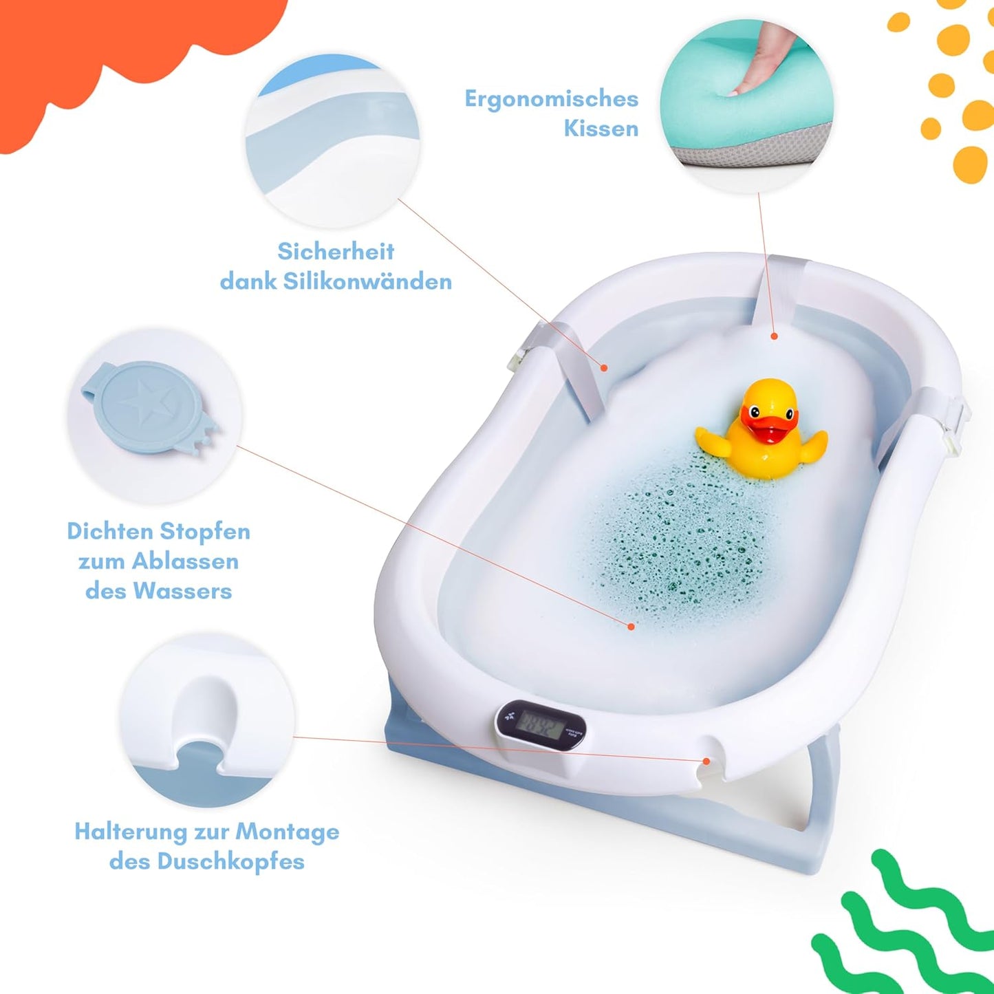 Faltbare Babybadewanne mit Ständer und Thermometer, Blau 84,5cm Höhe - mit Ständer