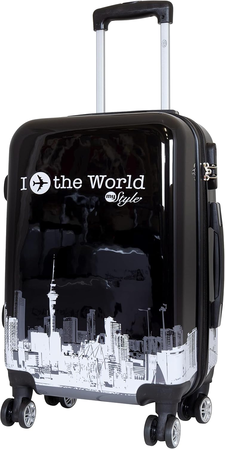3-teiliges Hartschalen-Kofferset mit Städte-Motiv, Kofferset 3-teilig Fly The World Schwarz