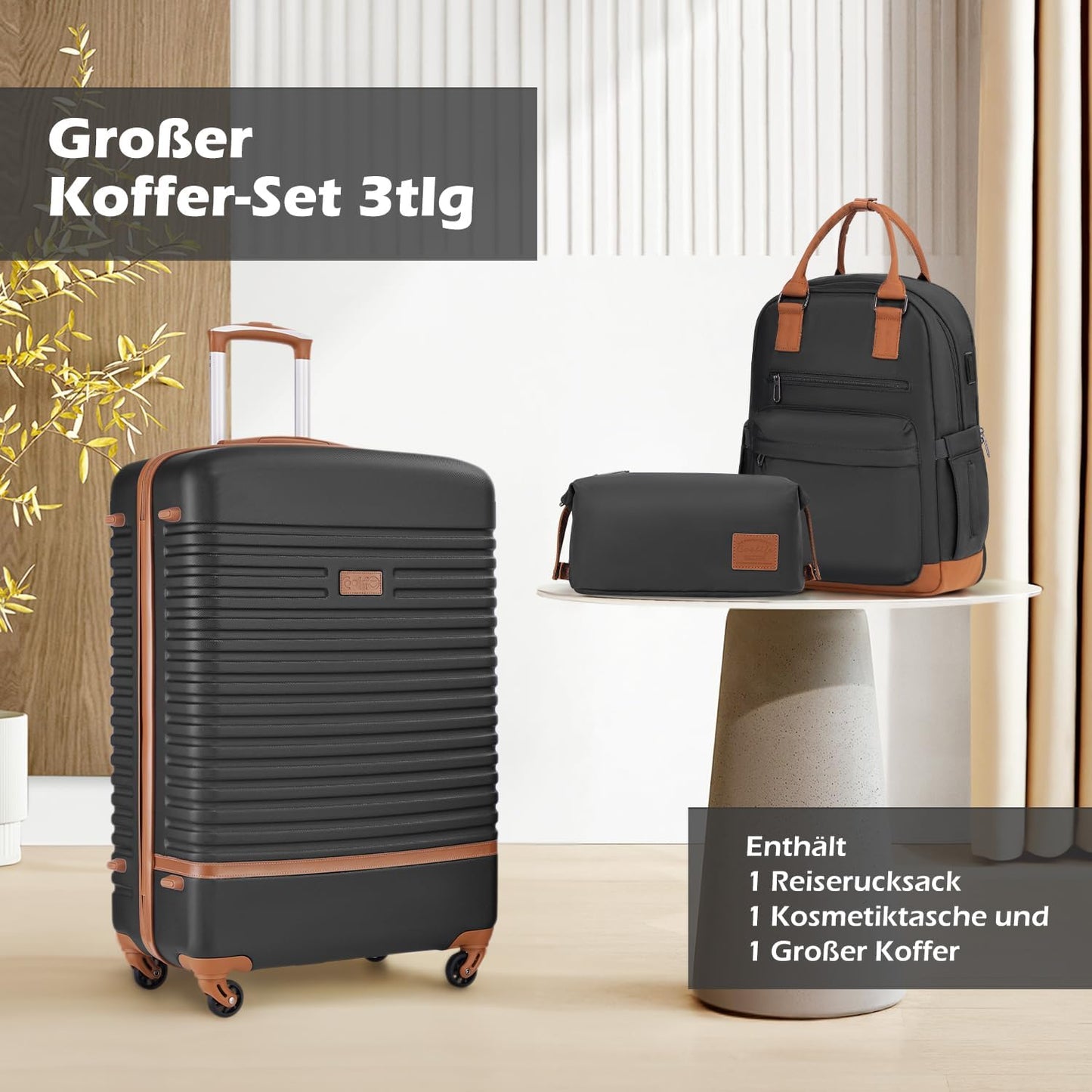 3-teiliges Reisegepäck-Set, Grosser Koffer-Set 3tlg Schwarz/Braun