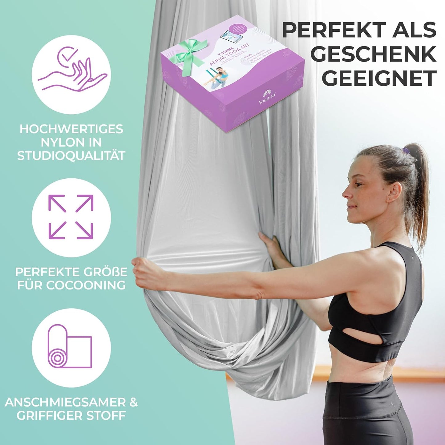 Yogatuch für Aerial Yoga, Silbergrau (1 Set) Einheitsgrösse