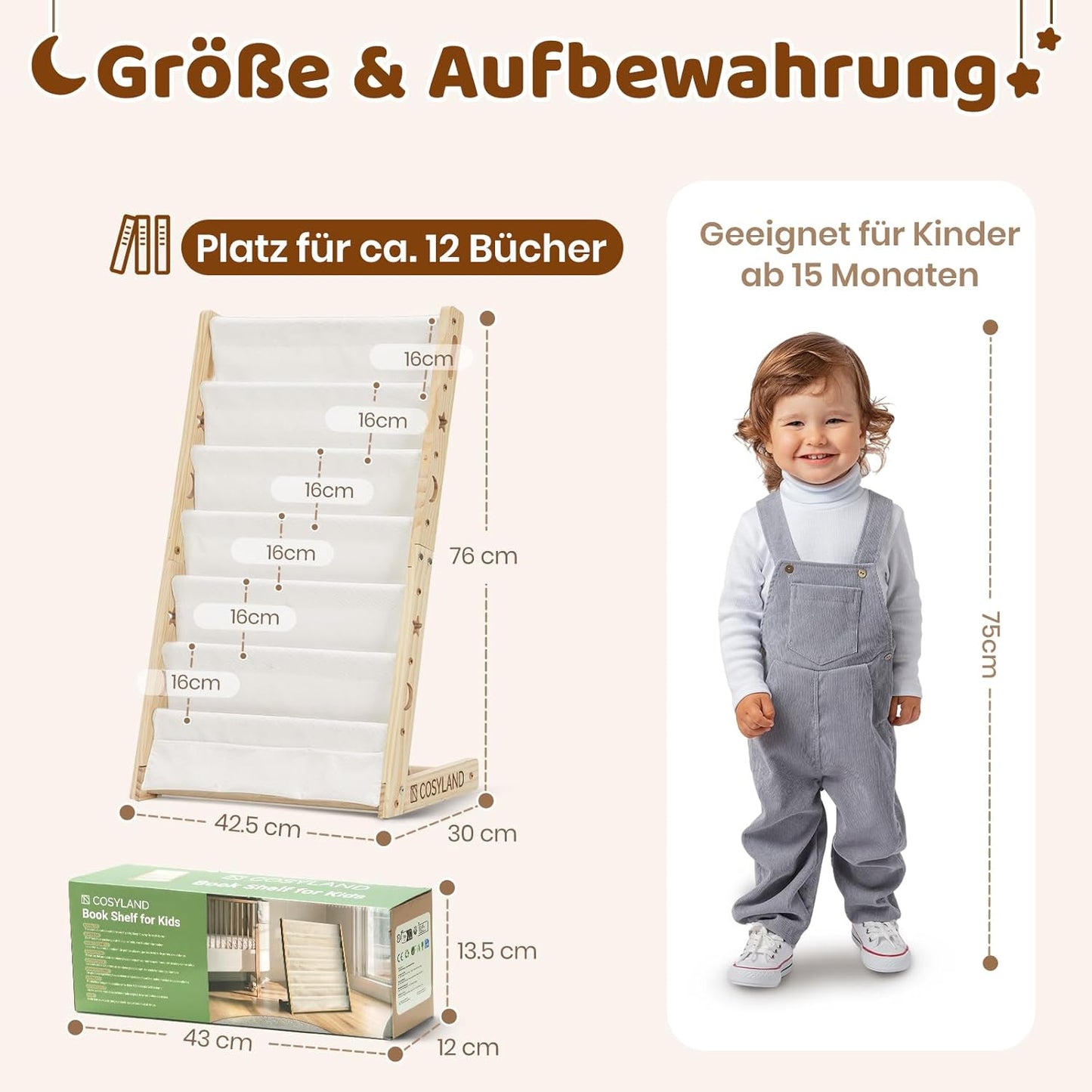 Kinder-Bücherregal mit 6 Stofffächern, platzsparend, Naturholzfarbe Medium