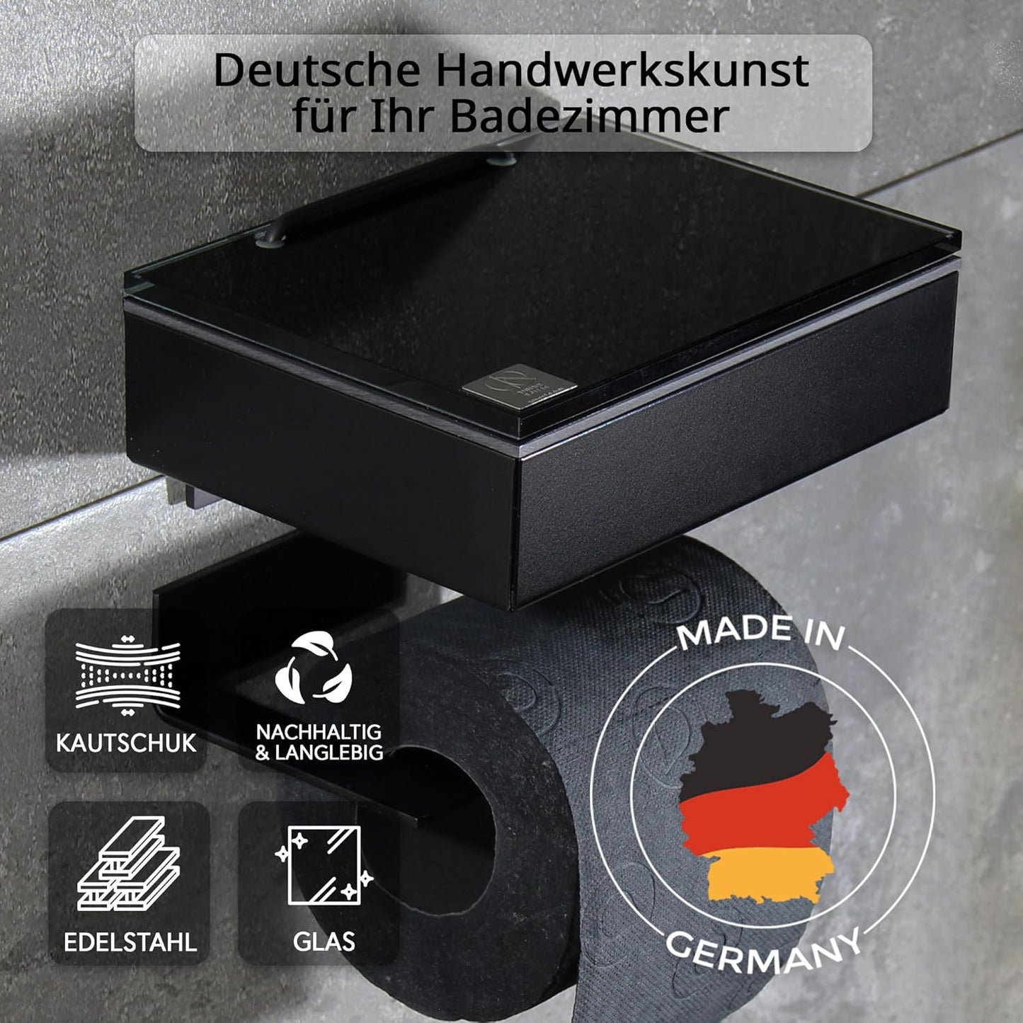 2-in-1 Toilettenpapier- und Feuchttuchhalter, Gehäuse Schwarz Matt Glas Schwarz Rechts