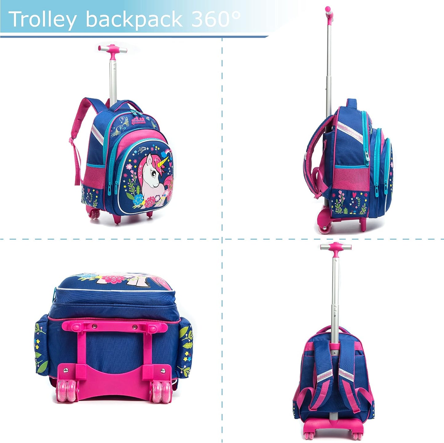 Einhorn Schultrolley für Kinder mit Zubehör-Set, A-bleu