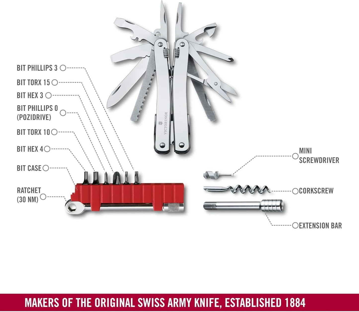 Multifunktionswerkzeug Swiss Tool Spirit X Plus (36 Funktionen), Gerade Klinge Leder-Etui Single