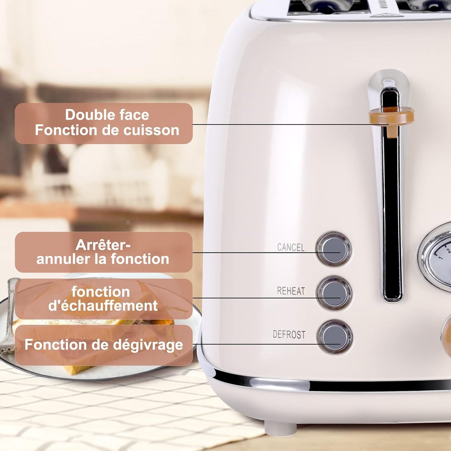 Retro Toaster mit Brötchenaufsatz und Countdown-Anzeige, Milchig Weiss