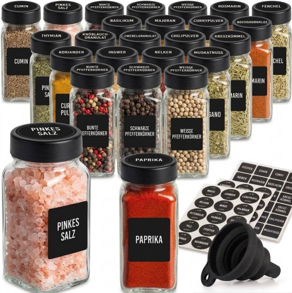 Gewürzgläser-Set mit Etiketten, 25 Stück, Schwarz Lid