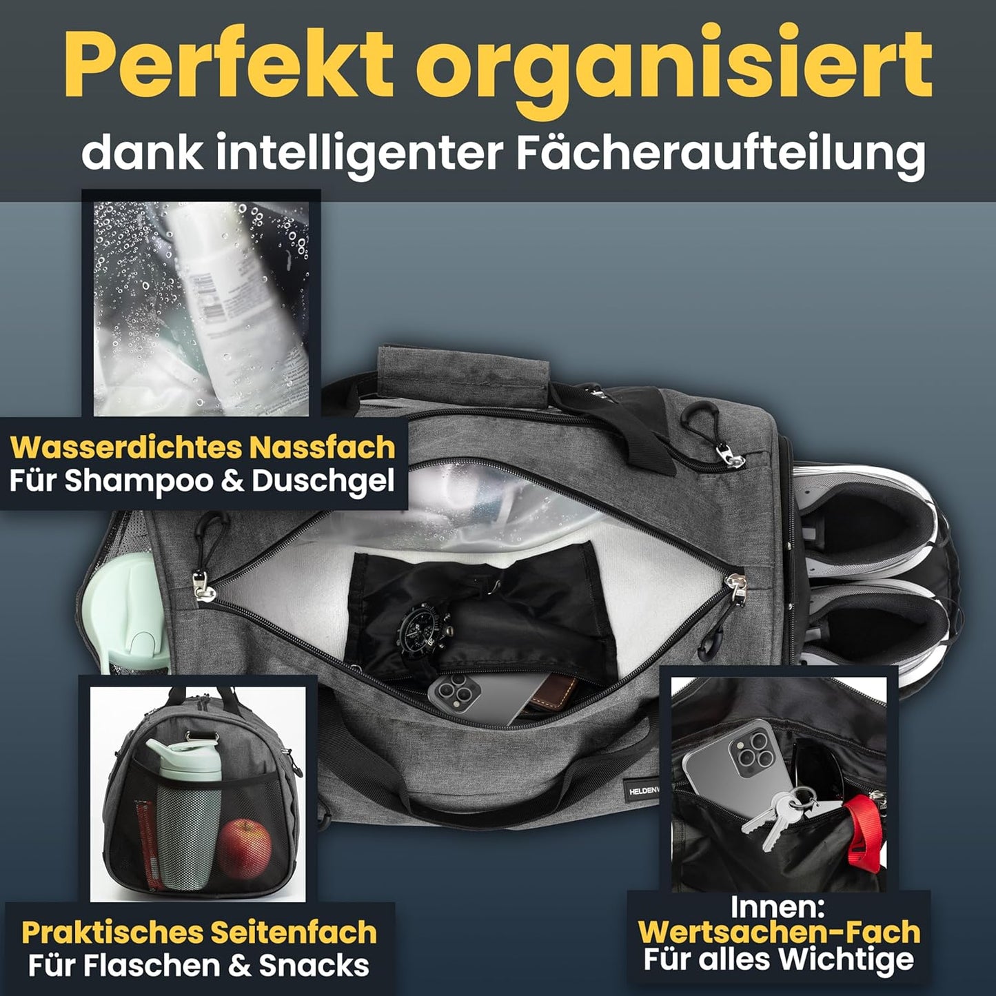 Sport- und Reisetasche mit Schuh- und Nassfach, Grau 58 x 31 x 31 cm (Large 50L)