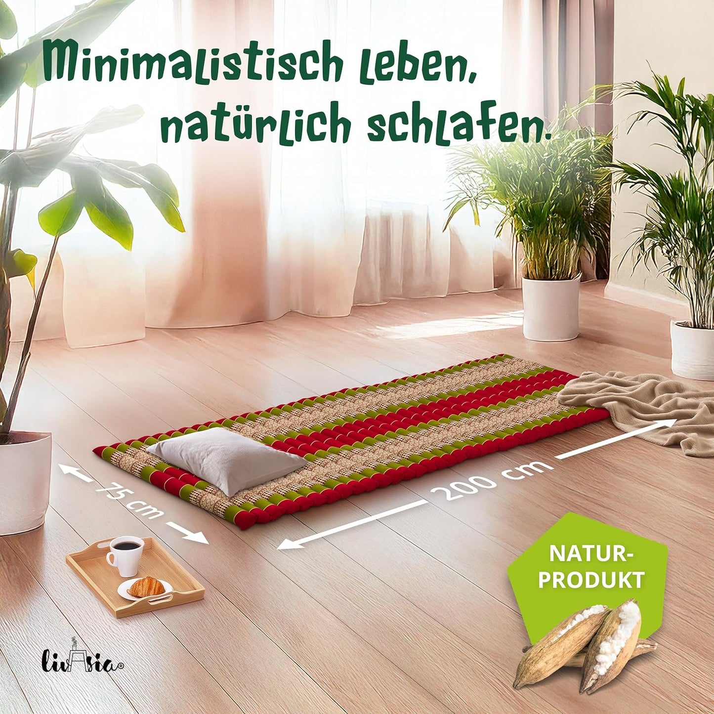 Rollmatte Rollmatratze für Gäste und Reisen (200x75x4,5cm), M (200 x 75 cm) Rot/Grün