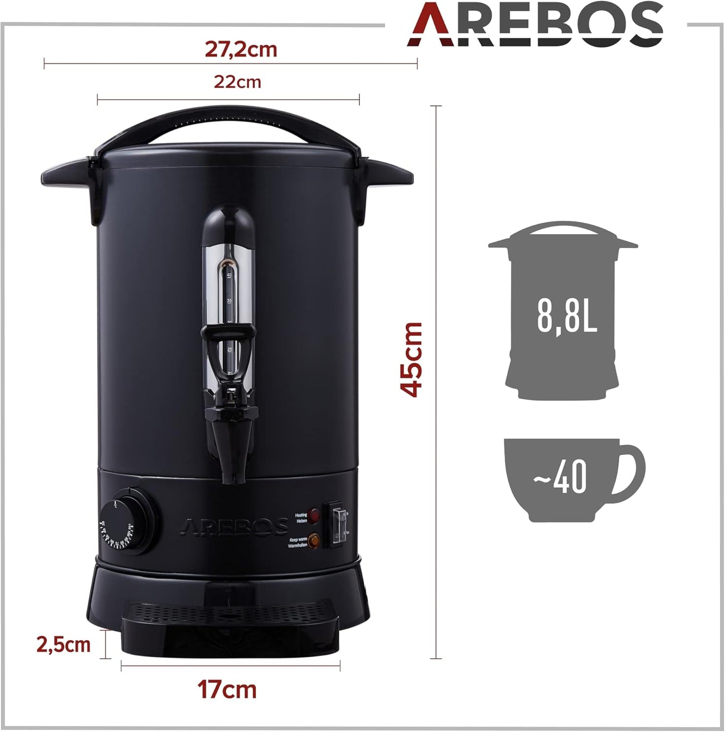 3in1 Glühweinkocher mit Auffangschale, Auslasshahn & Thermostat, Schwarz