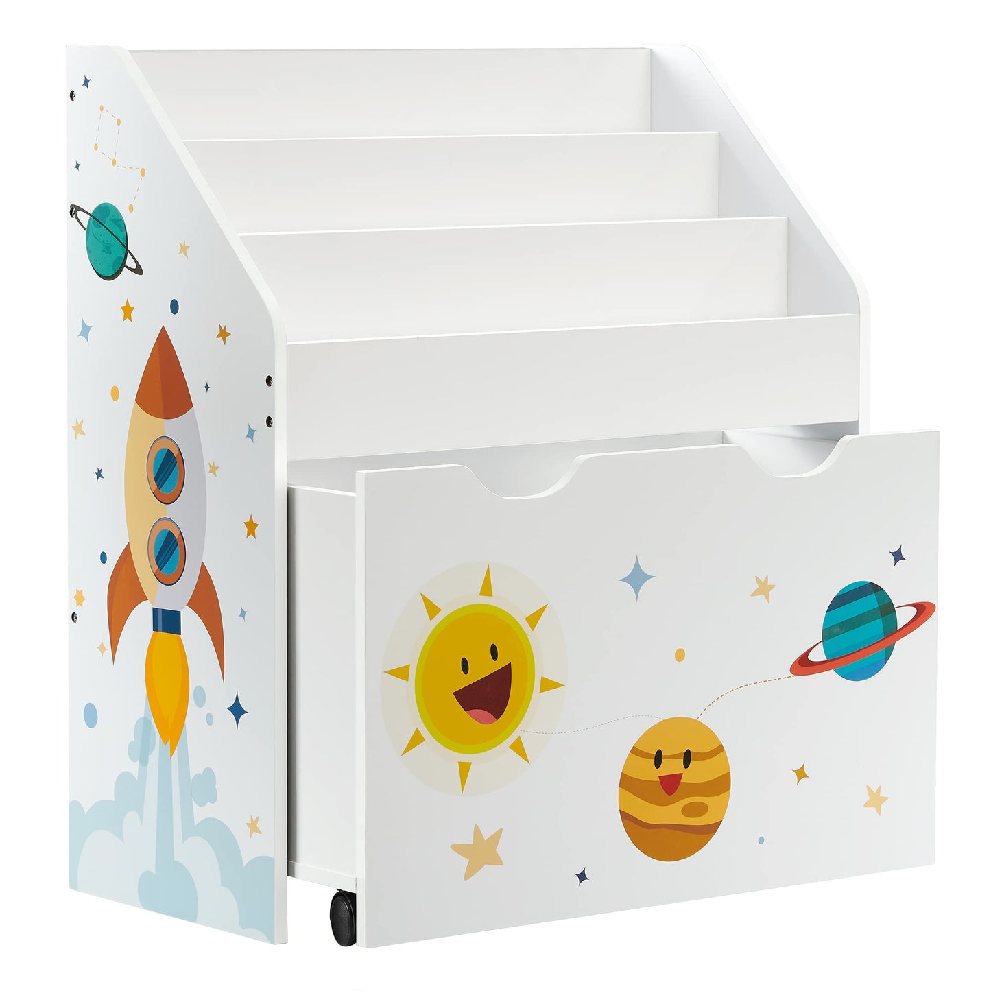Kinderregal Kiddy auf Rollen, Weiss + Weltraum-motiv