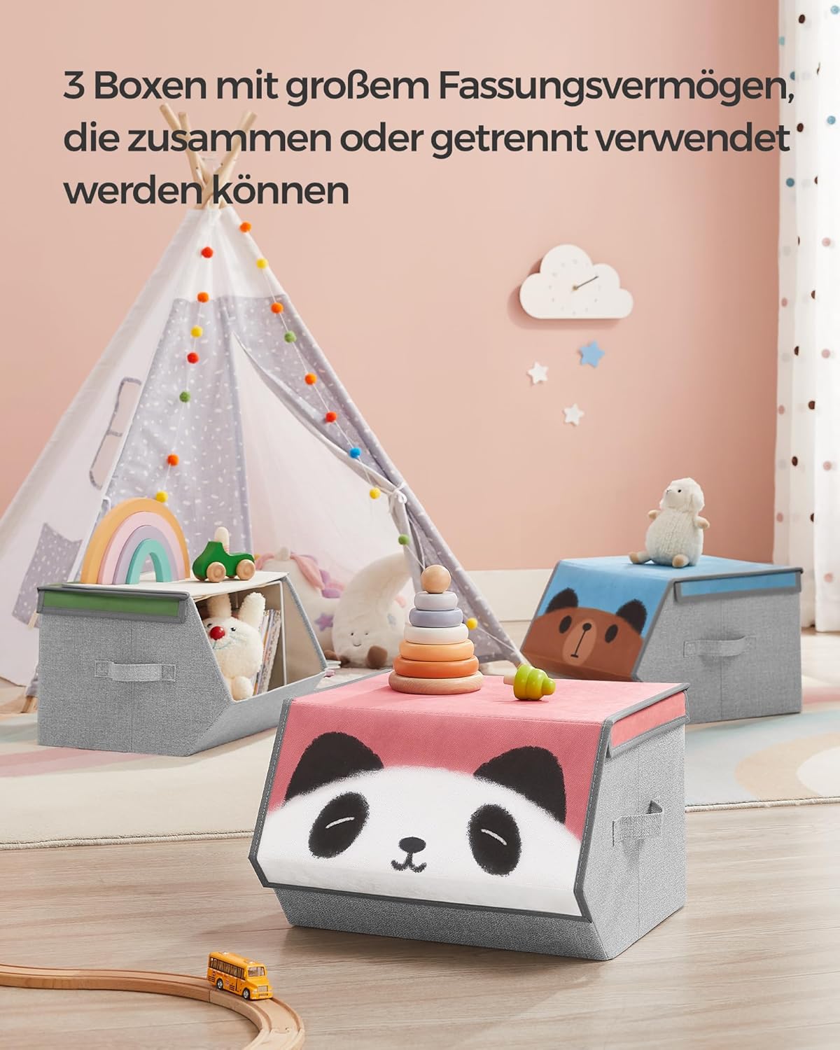 Faltbare Aufbewahrungsboxen mit Tiermotiven, 3er-Set, Panda-, Bär-, Schwein-Motive