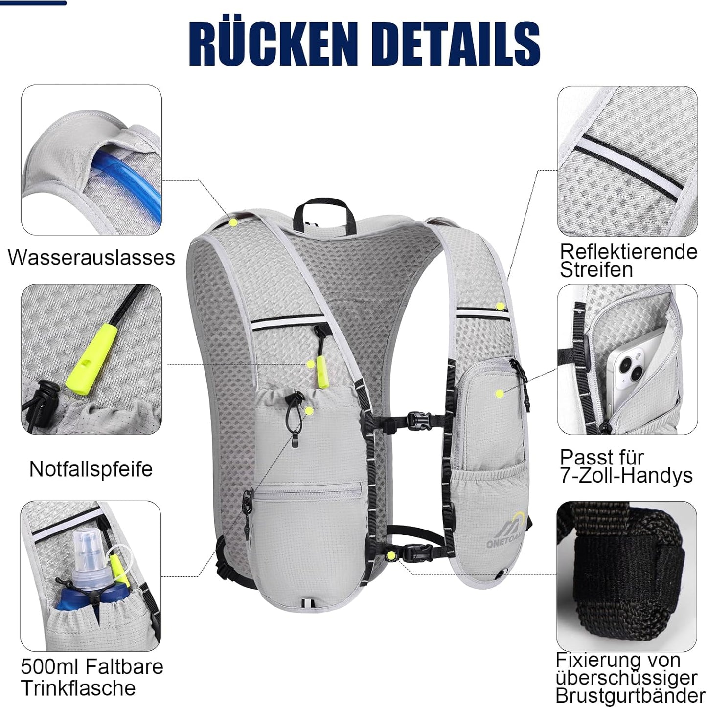 Laufweste mit Trinksystem (2L Blase, 500ml Flasche), hellgrau mit 2L Trinkblase