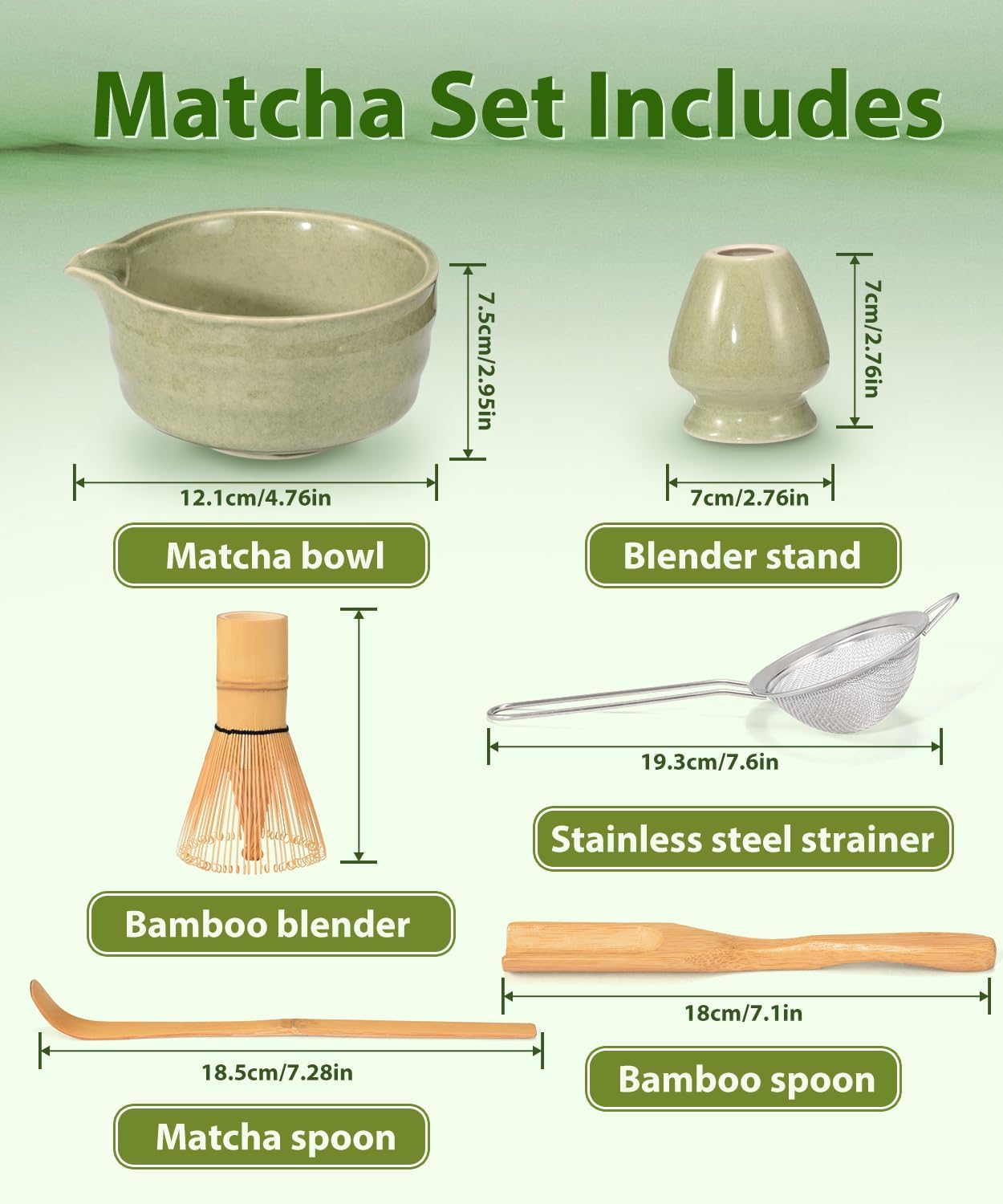 6-teiliges Matcha Tee Set mit Besen und Schale, Grün
