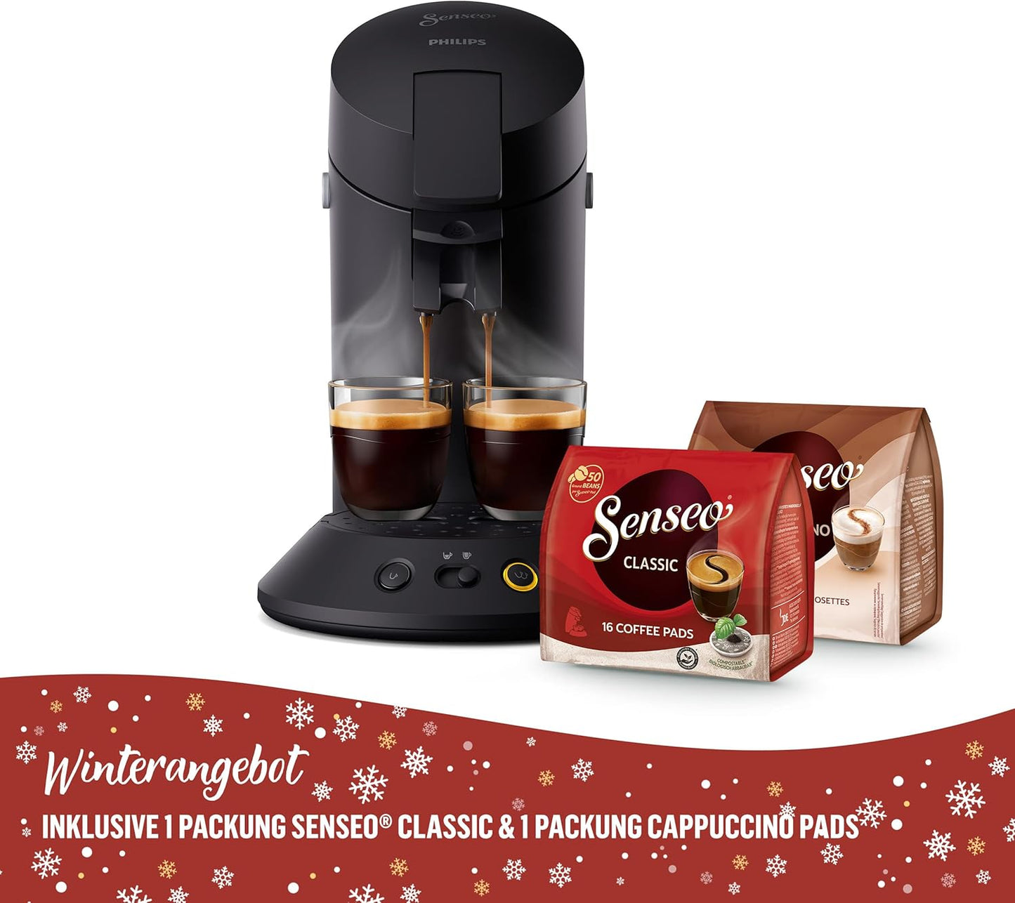 Senseo Original Plus Kaffeepadmaschine ‎CSA210/69 mit Kaffeestärkewahl und 2-Tassenfunktion, Compact, 5 cups Schwarz + 2 Padpacks