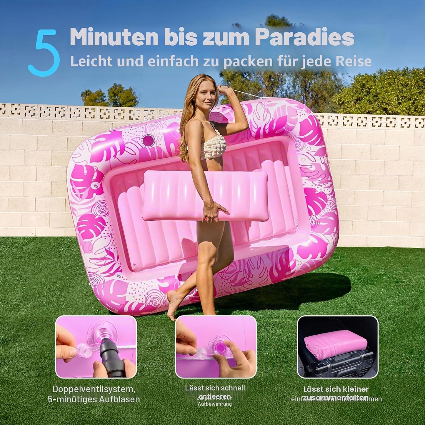 Aufblasbarer 4-in-1 Sonnenliegepool mit Kissen und Getränkehalter, Rosa L