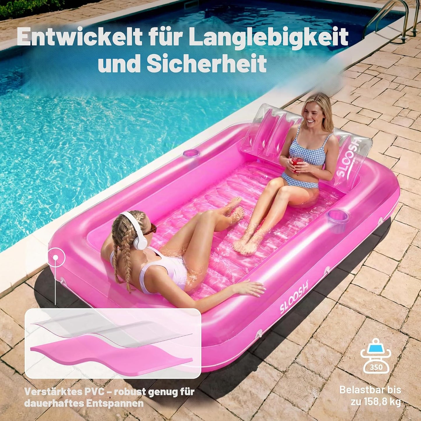 Aufblasbarer Sonnenpool mit abnehmbarem Kissen und Getränkehalter, Rosa XL