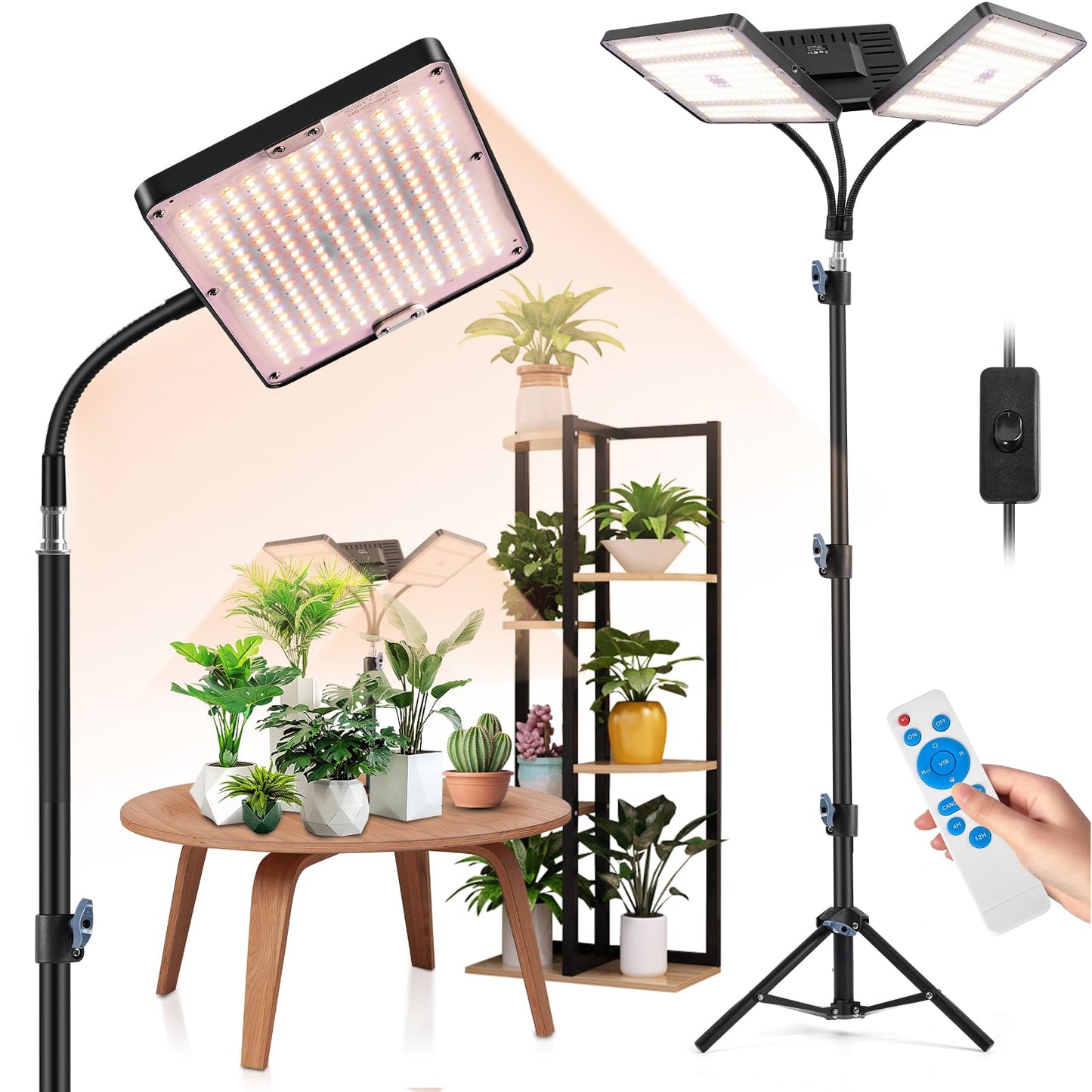 LED-Pflanzenlampe mit Ständer und Timer, 3 Köpfe mit Ständer