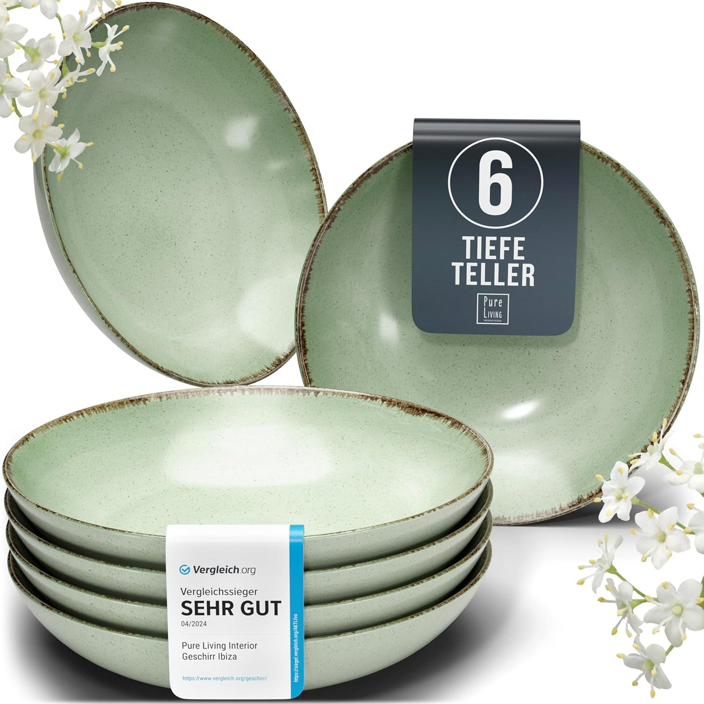 Suppenteller-Set im Landhausstil, Tiefe Teller (6x) Mintgrün