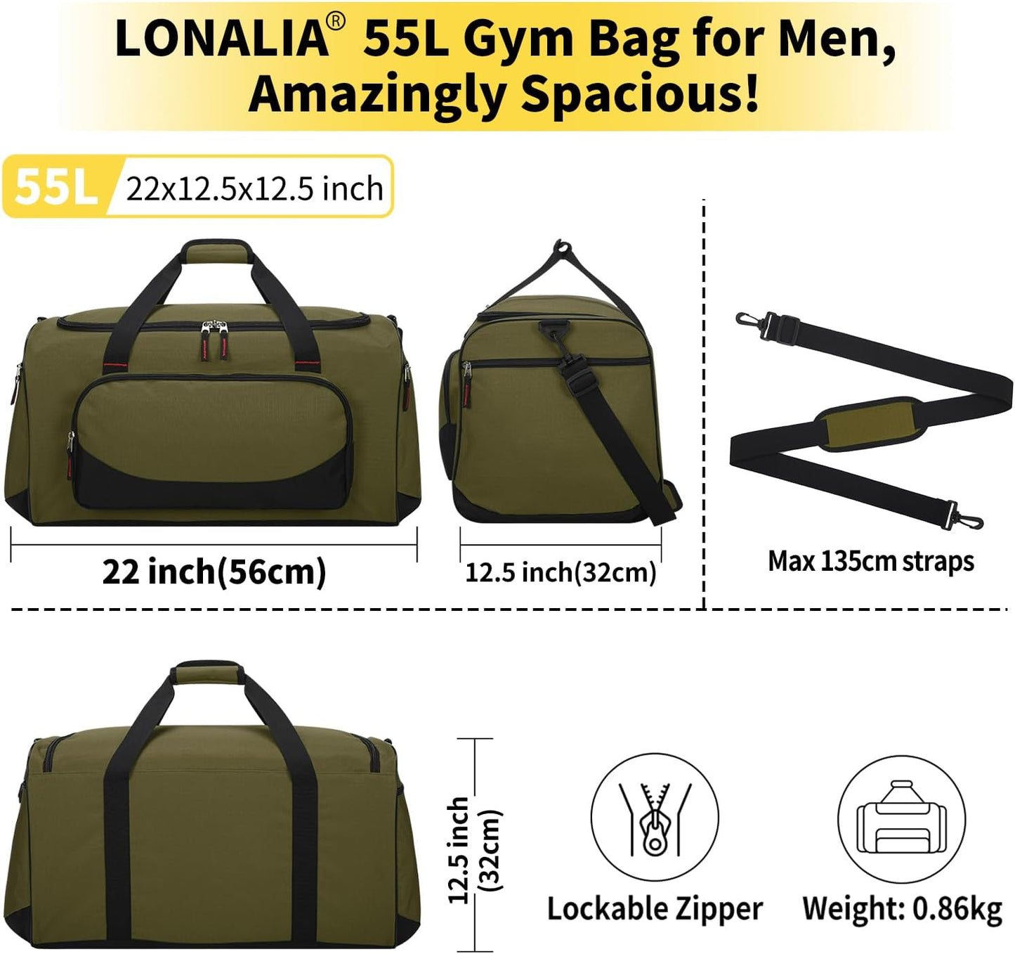 Sporttasche für Fitness und Urlaub, 55L-22inch Olivgrün