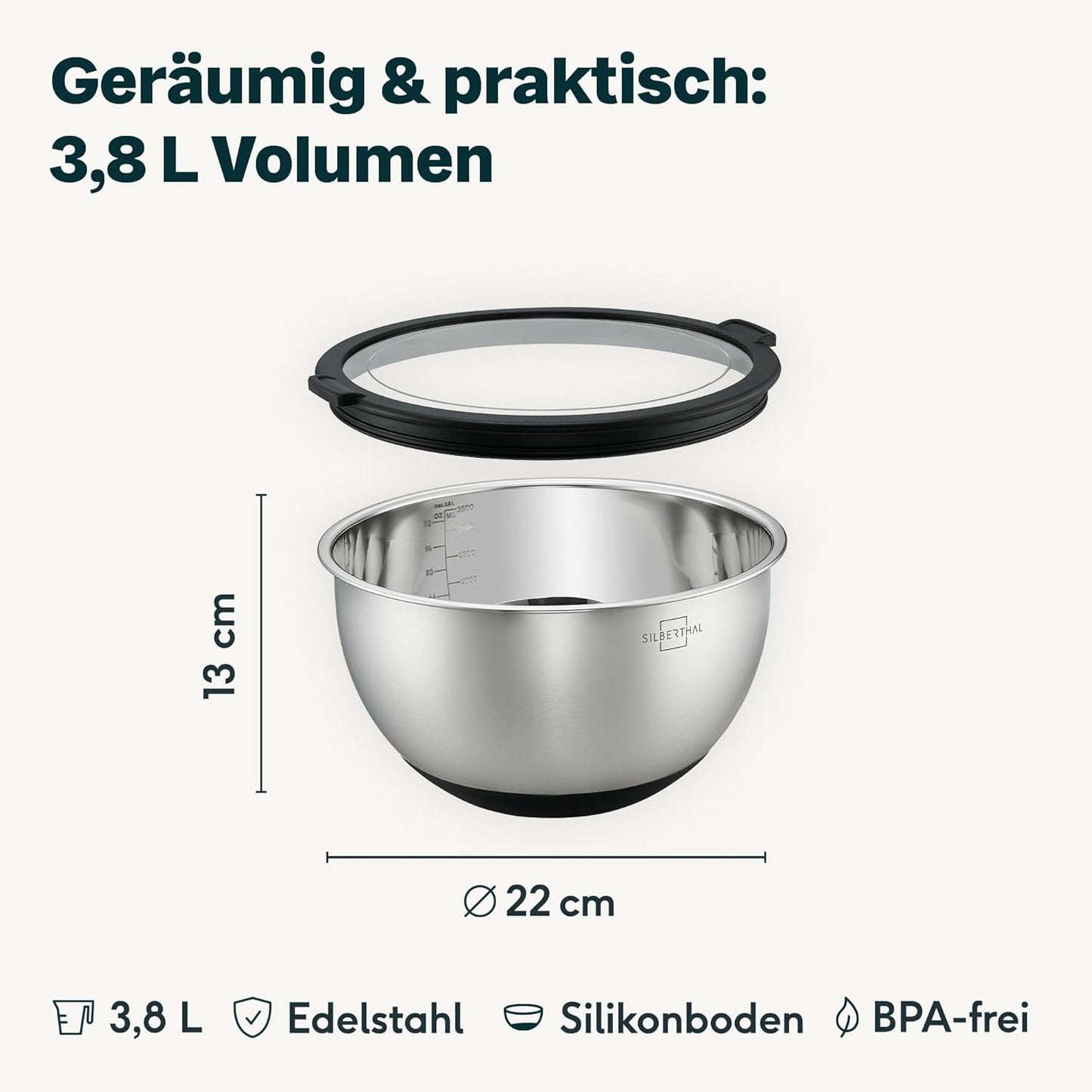Edelstahl Rührschüssel mit Deckel (3,8l), 3,8l
