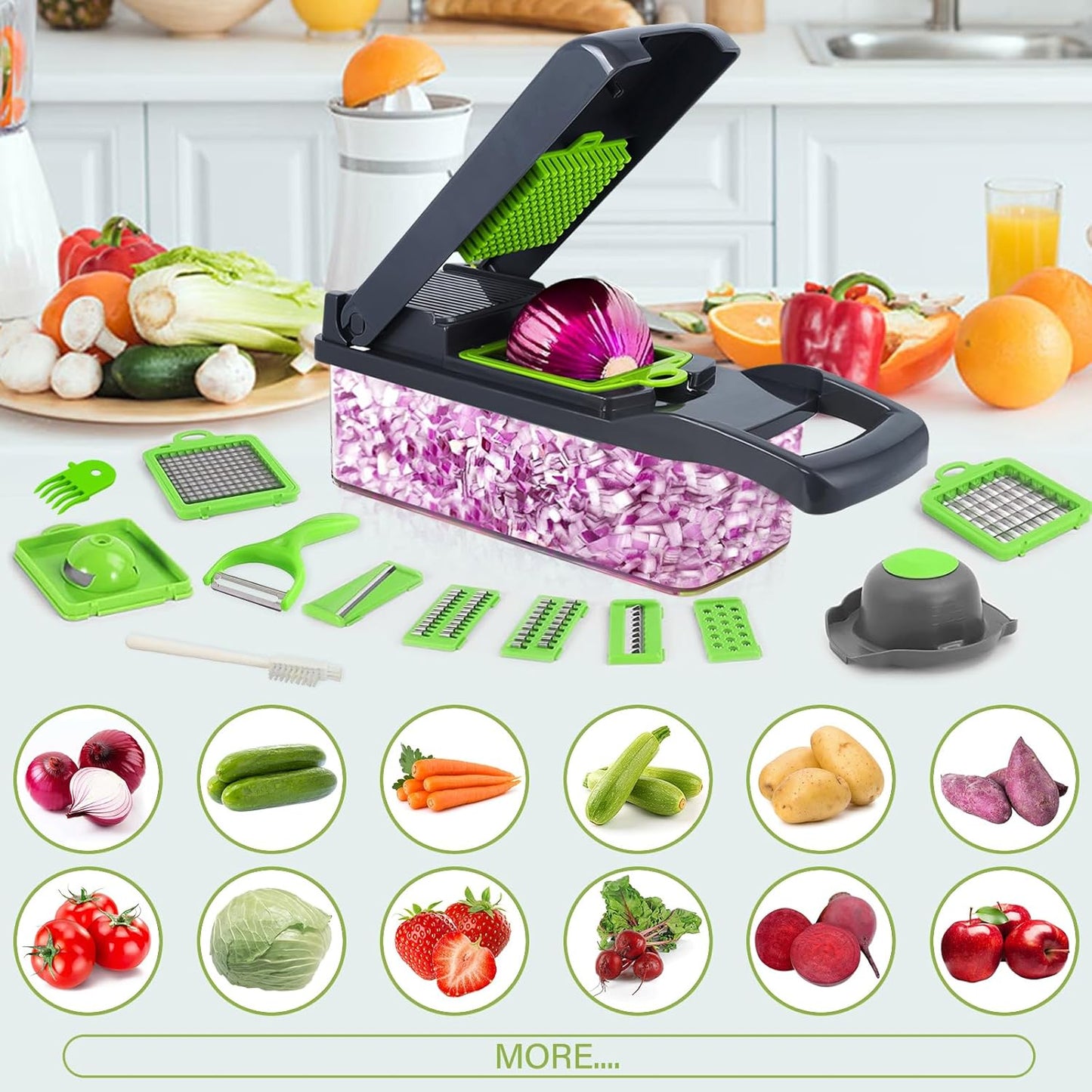 18-in-1 Gemüseschneider & Hobel mit Zubehör-Set, Grey Green