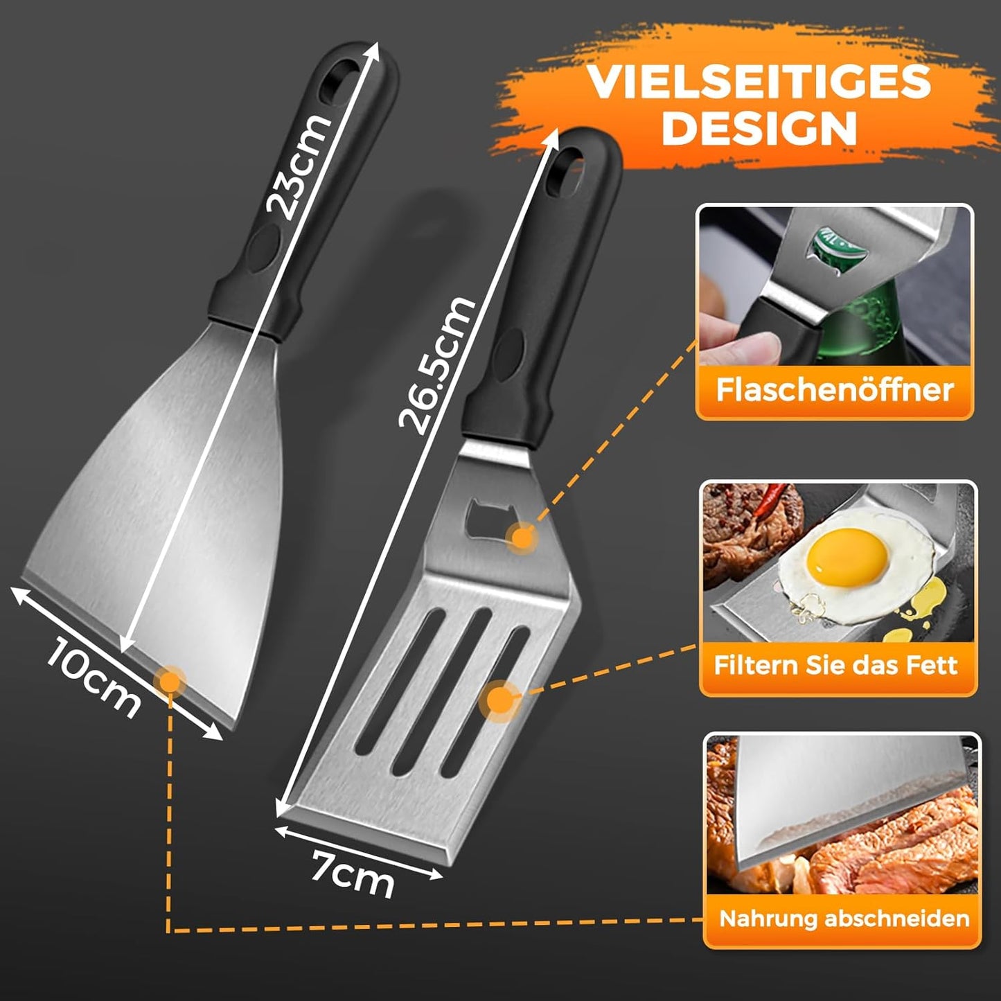Grillplatte Plancha mit Grillspachtel-Set, Drei Kanten