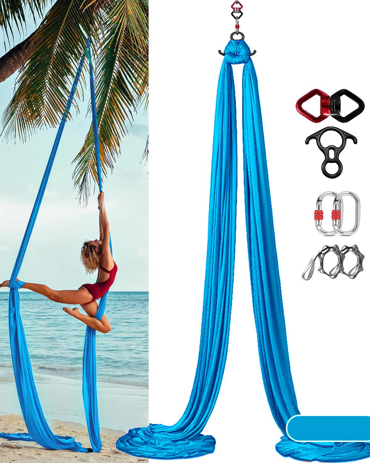 Aerial Yoga Tuch-Set mit Zubehör, 8 m, Azurblau