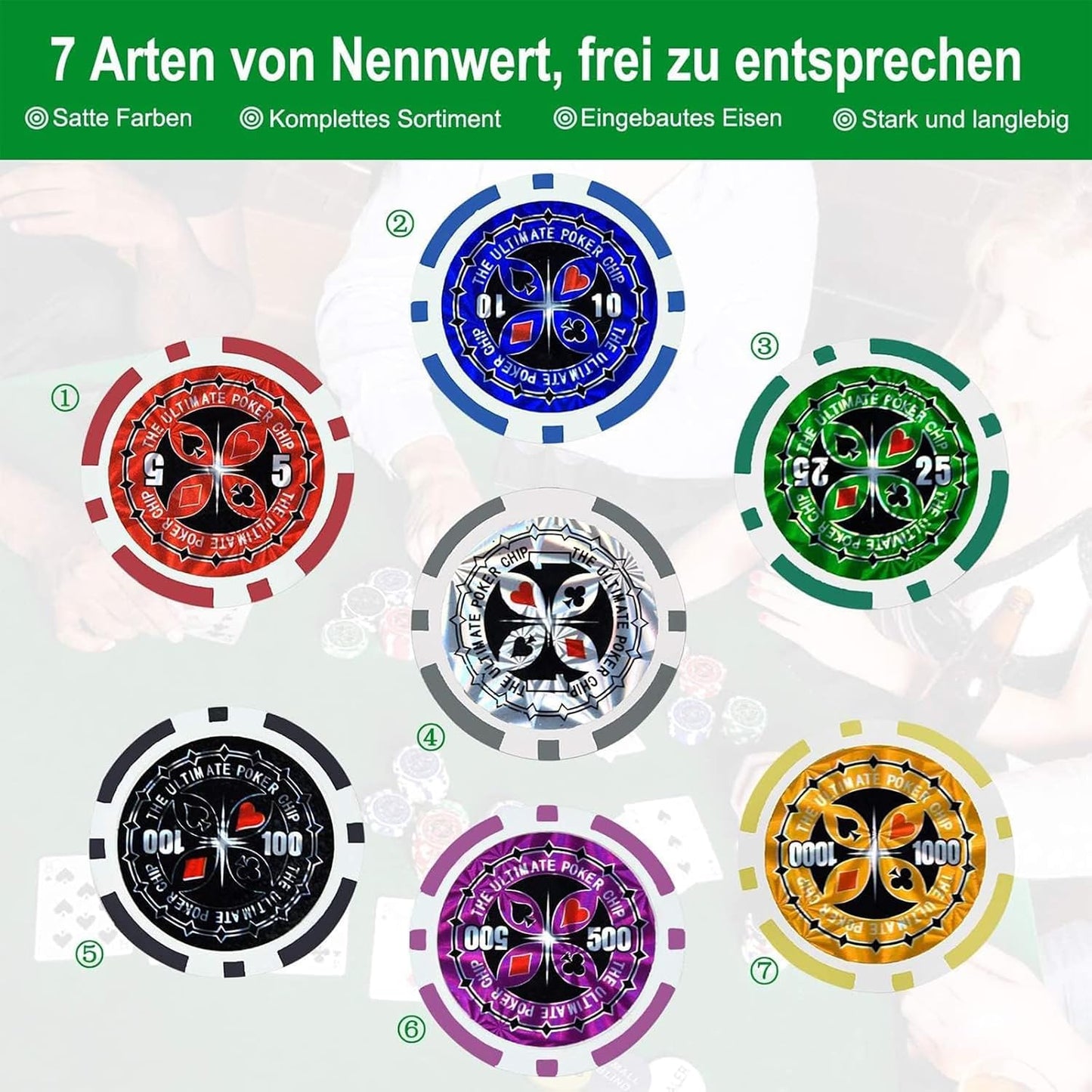 Pokerkoffer Set mit 500 Laserchips und Zubehör, Schwarz