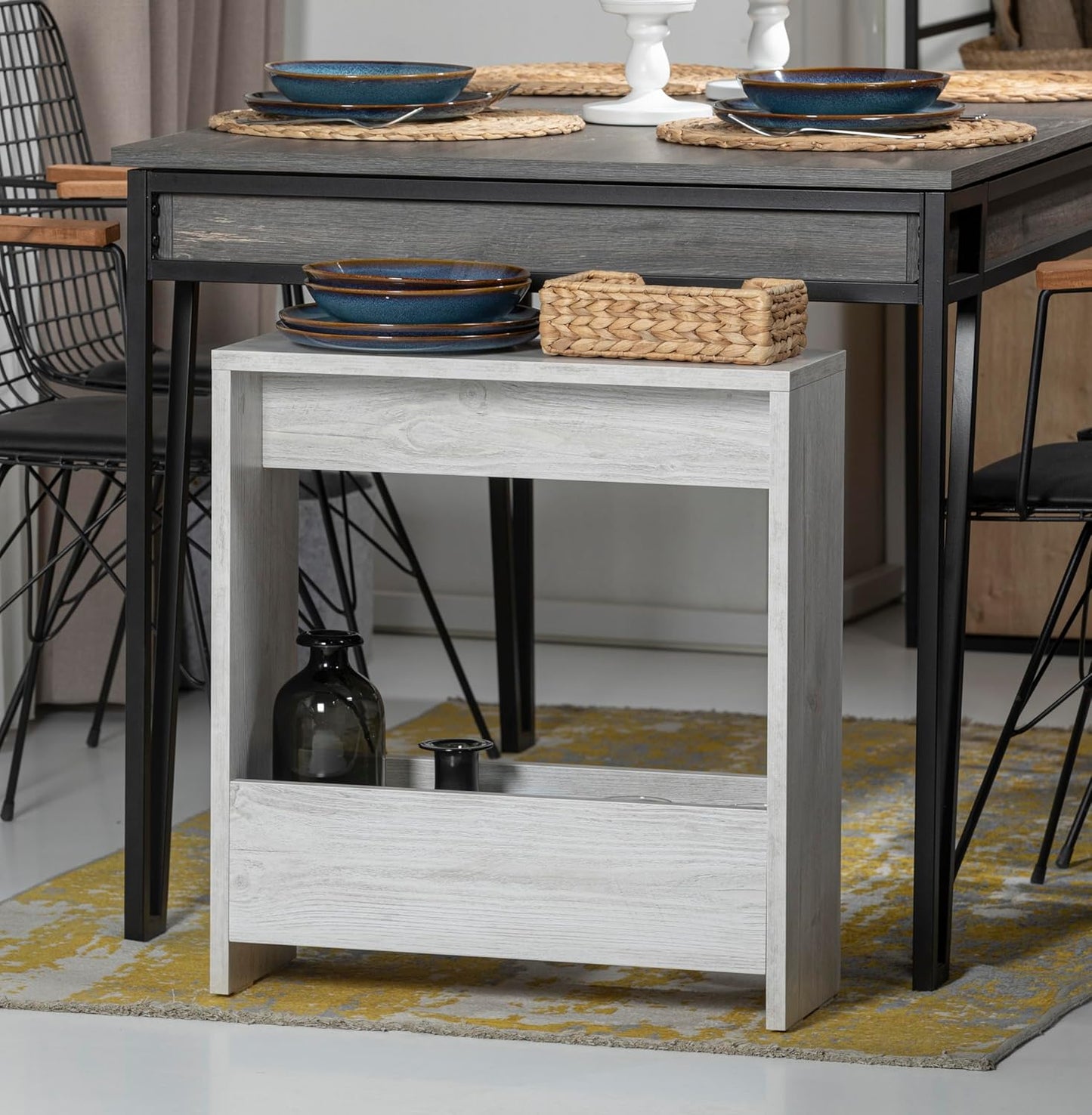 Beistelltisch mit Magazinhalter für kleine Räume, Ancient White