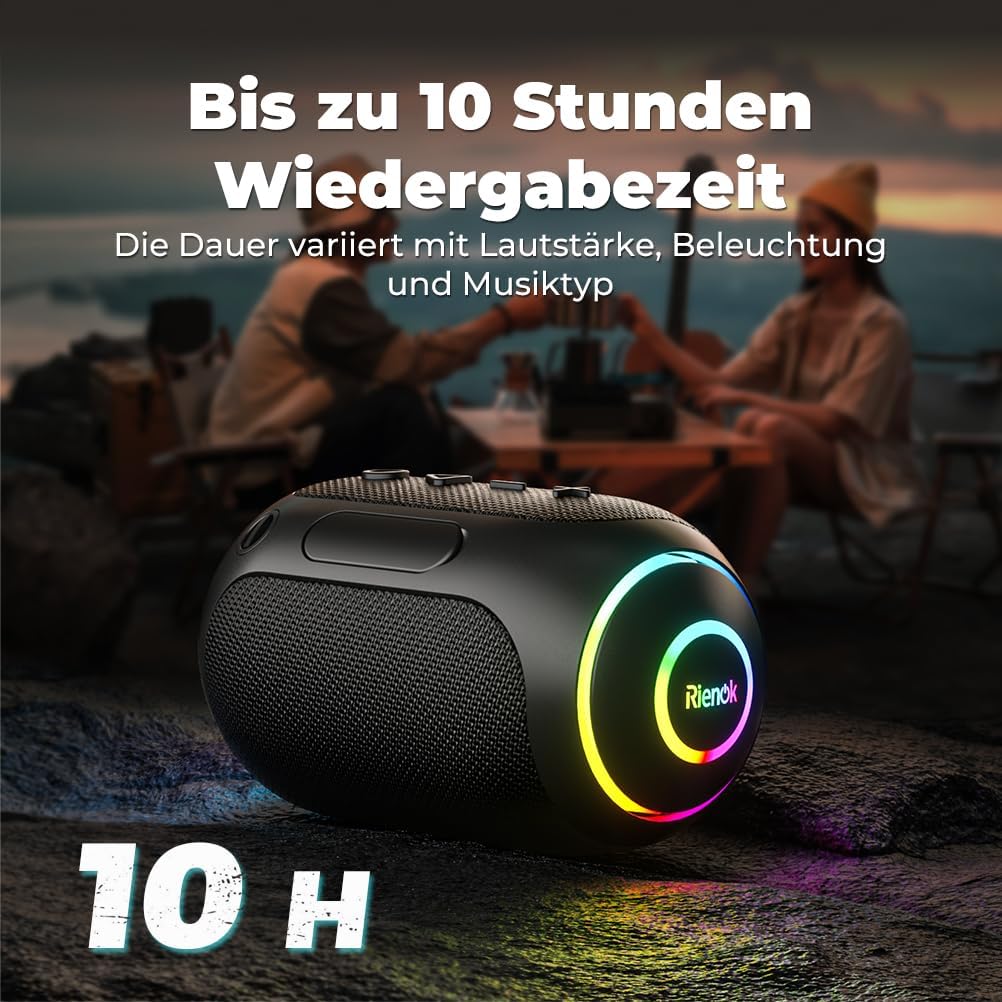 Wasserdichter Bluetooth Lautsprecher mit LED-Licht, 2,400mAH Schwarz