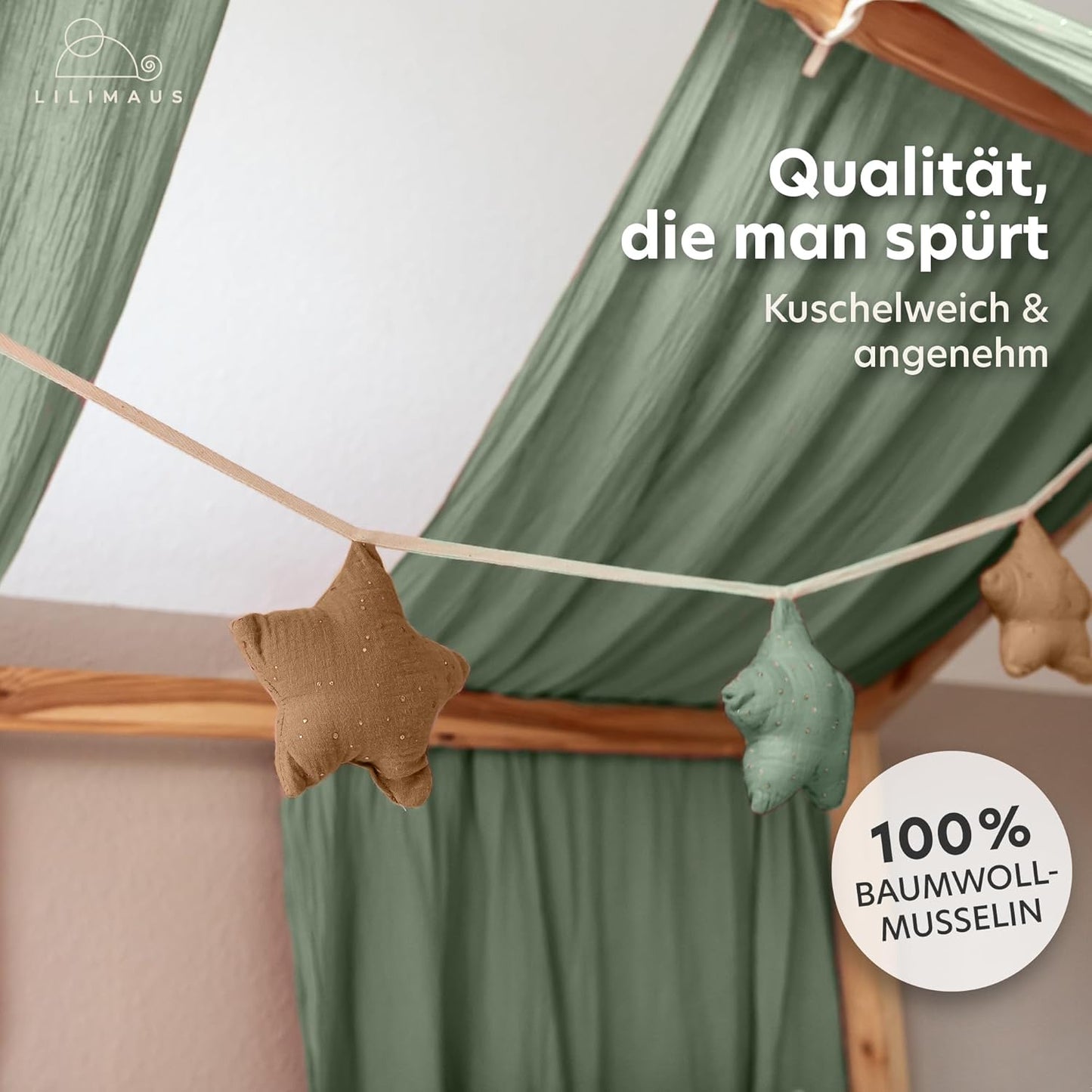 Sternen-Wimpelkette, Eukalyptus & Nougat Sterne mit Goldapplikation