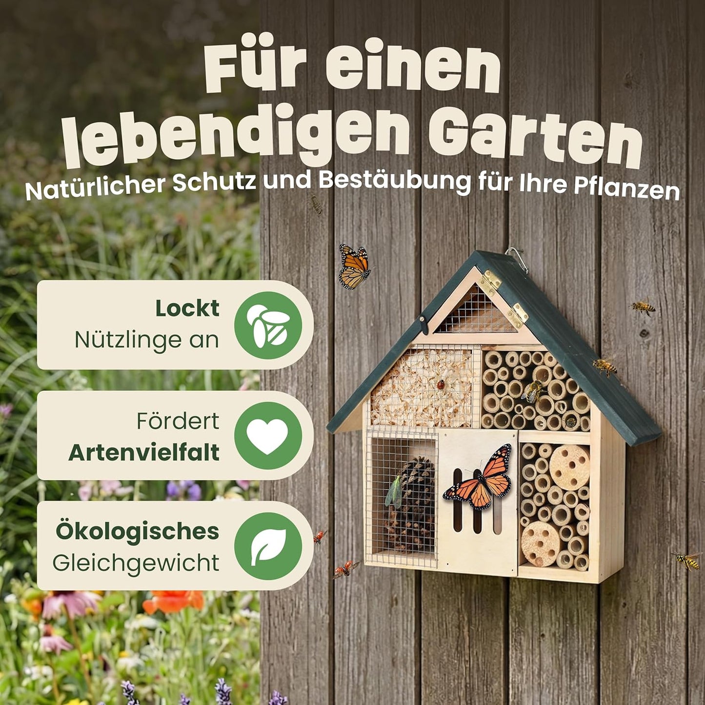 Insektenhotel XXL mit Bambus-Röhrchen (28,5 cm), Kompaktes Insektenhotel – Grünes Dach (28,5 cm)