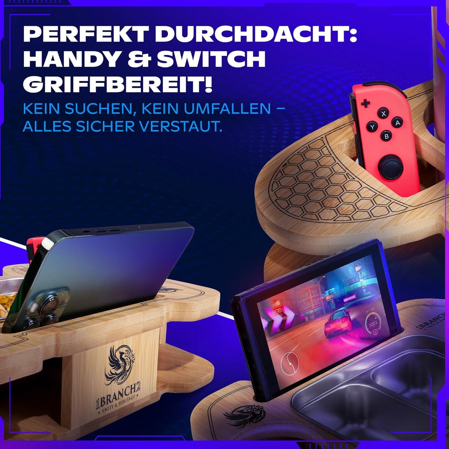 SnackPad Couchbar im Controller-Design für Gamer, Bambus