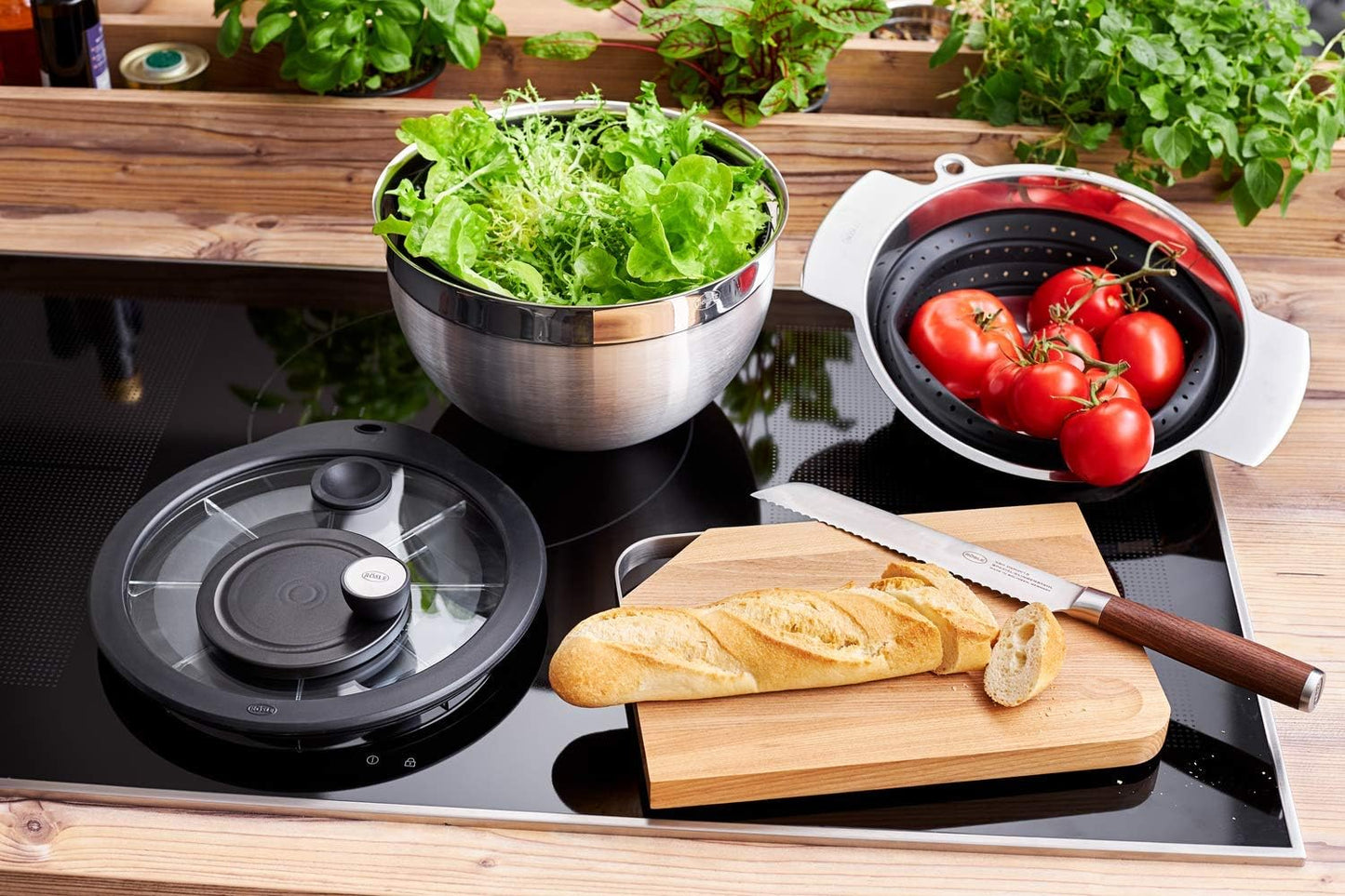 Salatschleuder mit Kurbelantrieb (Edelstahl, 24 cm), Salatschleuder