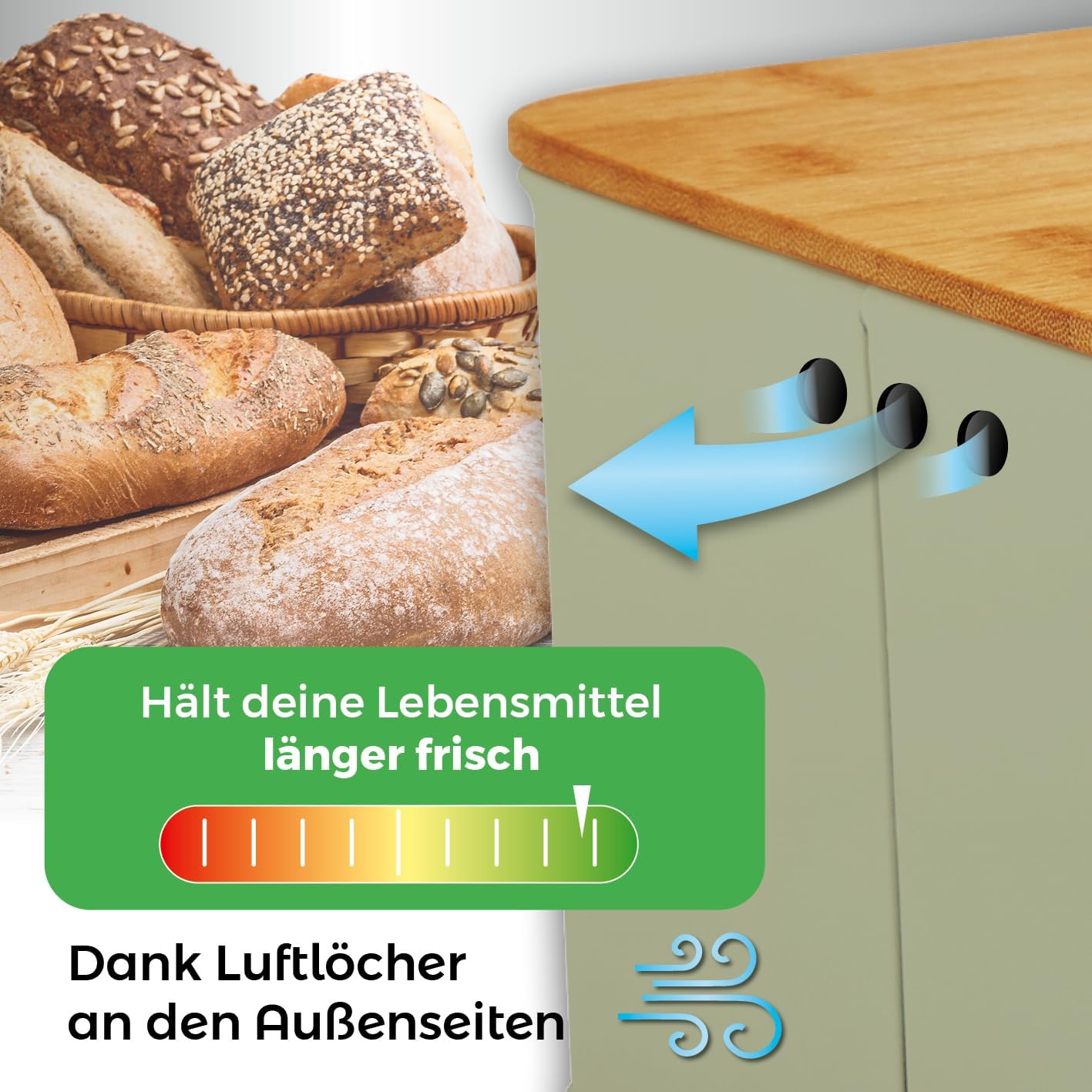Brotkasten 30 x 23 x 14 cm Metall, Holzdeckel, Bambus, Mintgrün