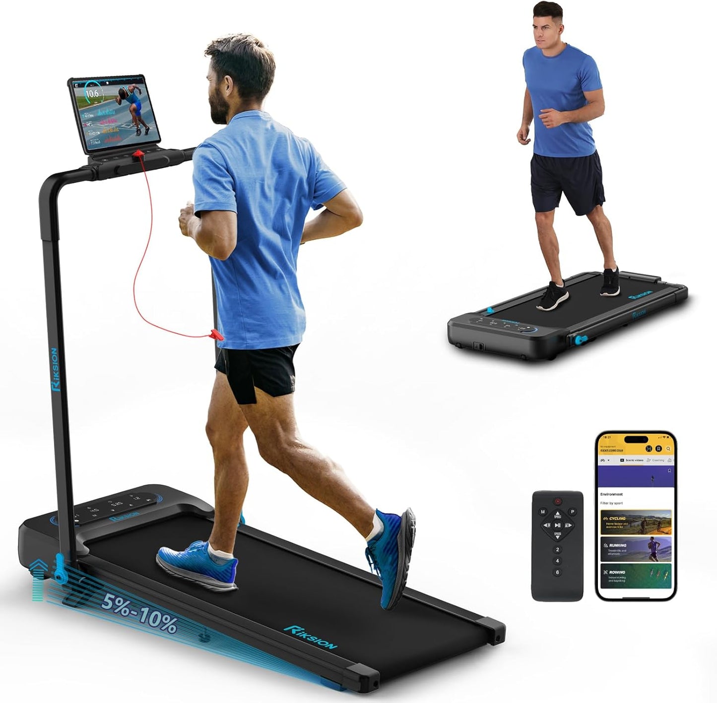 Klappbares Laufband mit Neigung und App-Steuerung, blau