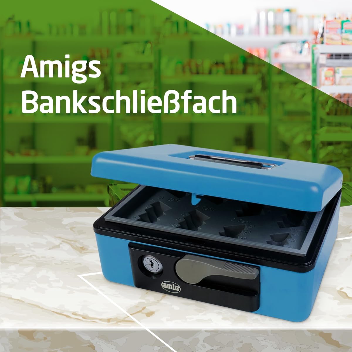 Geldkassette mit Münzfach, Blau / 230 x 185 x 80 mm