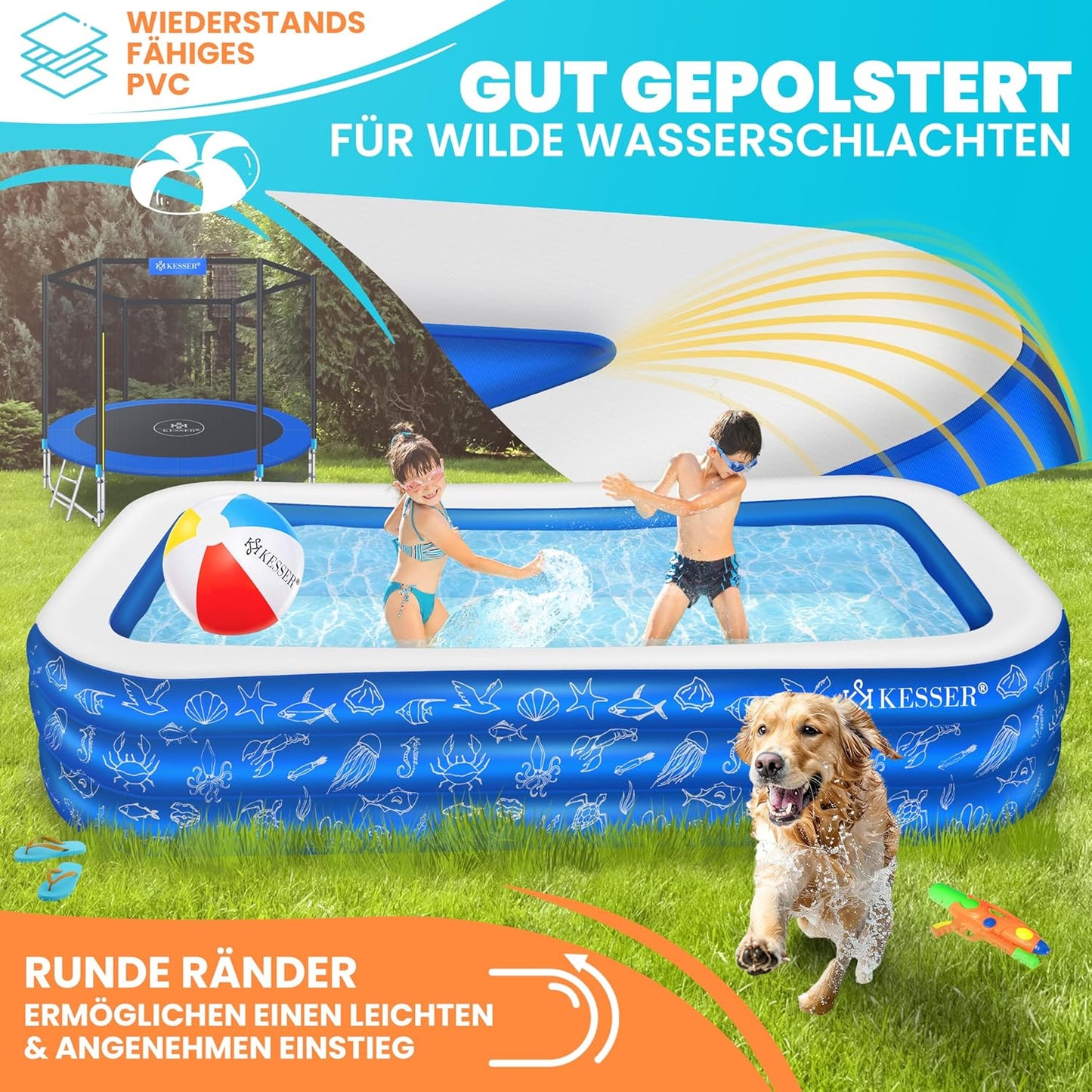 Aufblasbarer Familienpool 305x183x56 cm, Blau 3 Meter