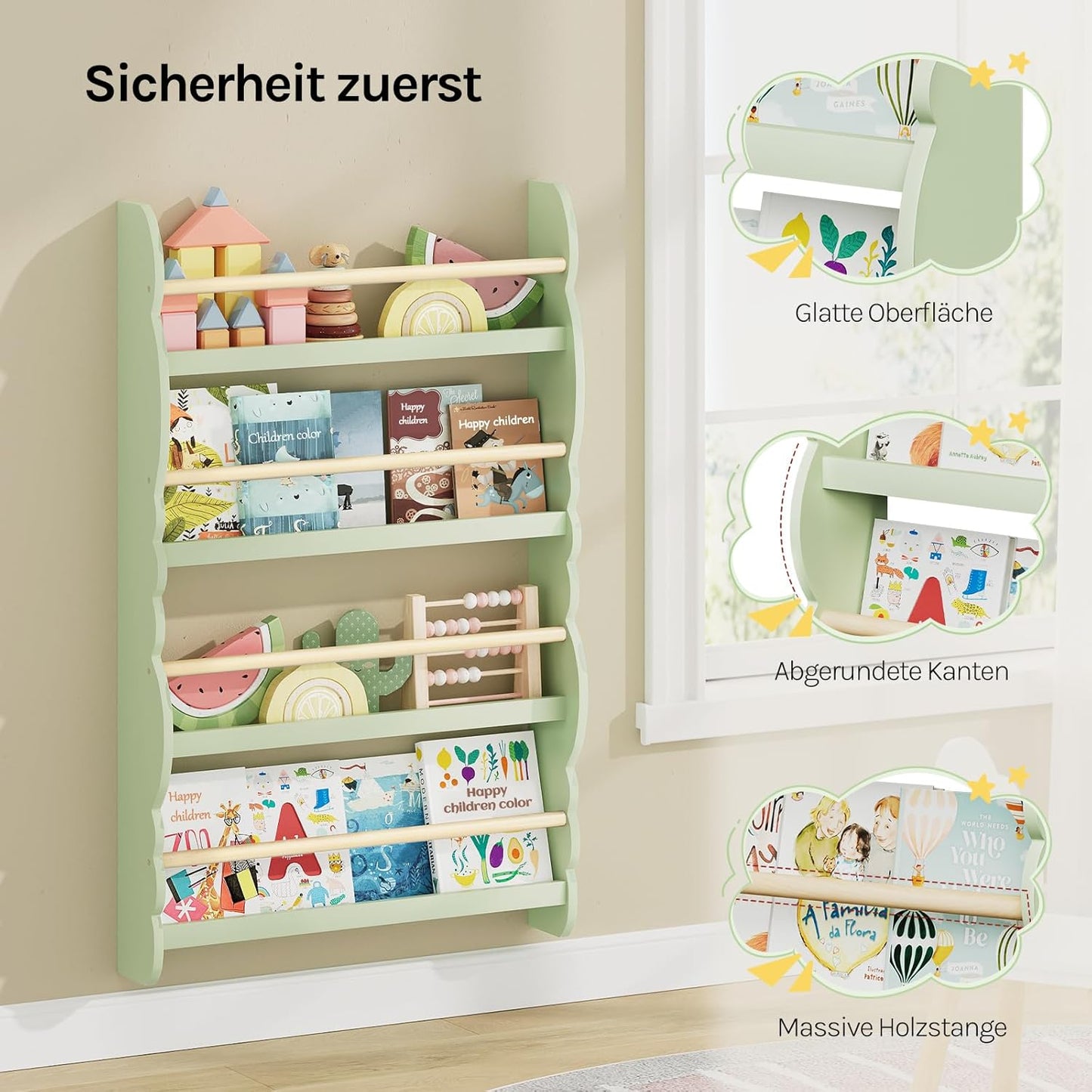 Kinder-Bücherregal mit 4 Ablagen, Grün 60x98cm