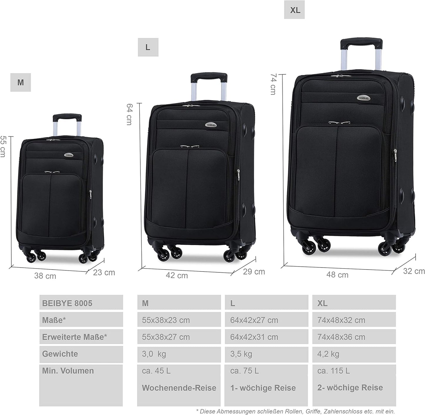 3-teiliges Kofferset, Schwarz, Set