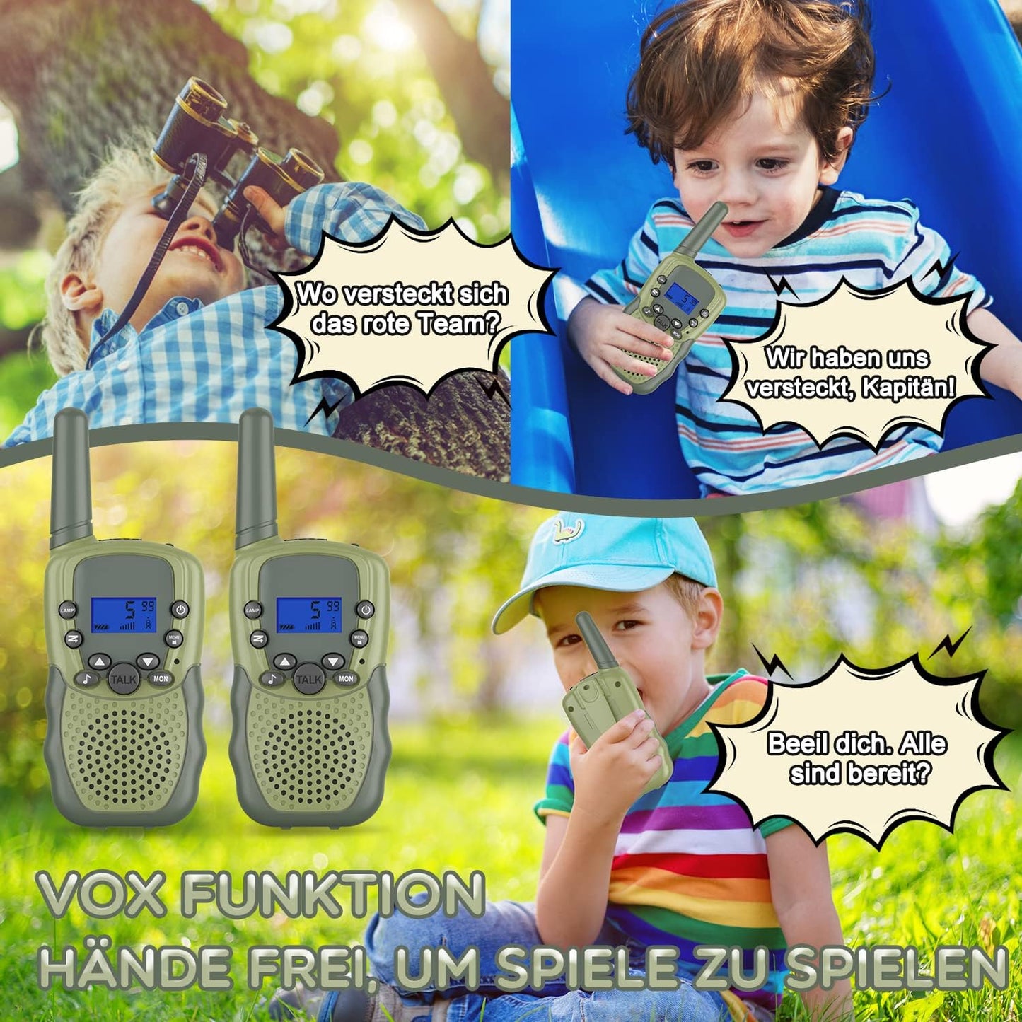 Wiederaufladbare Kinder-Walkie-Talkies 8 Kanäle, Armee Grün