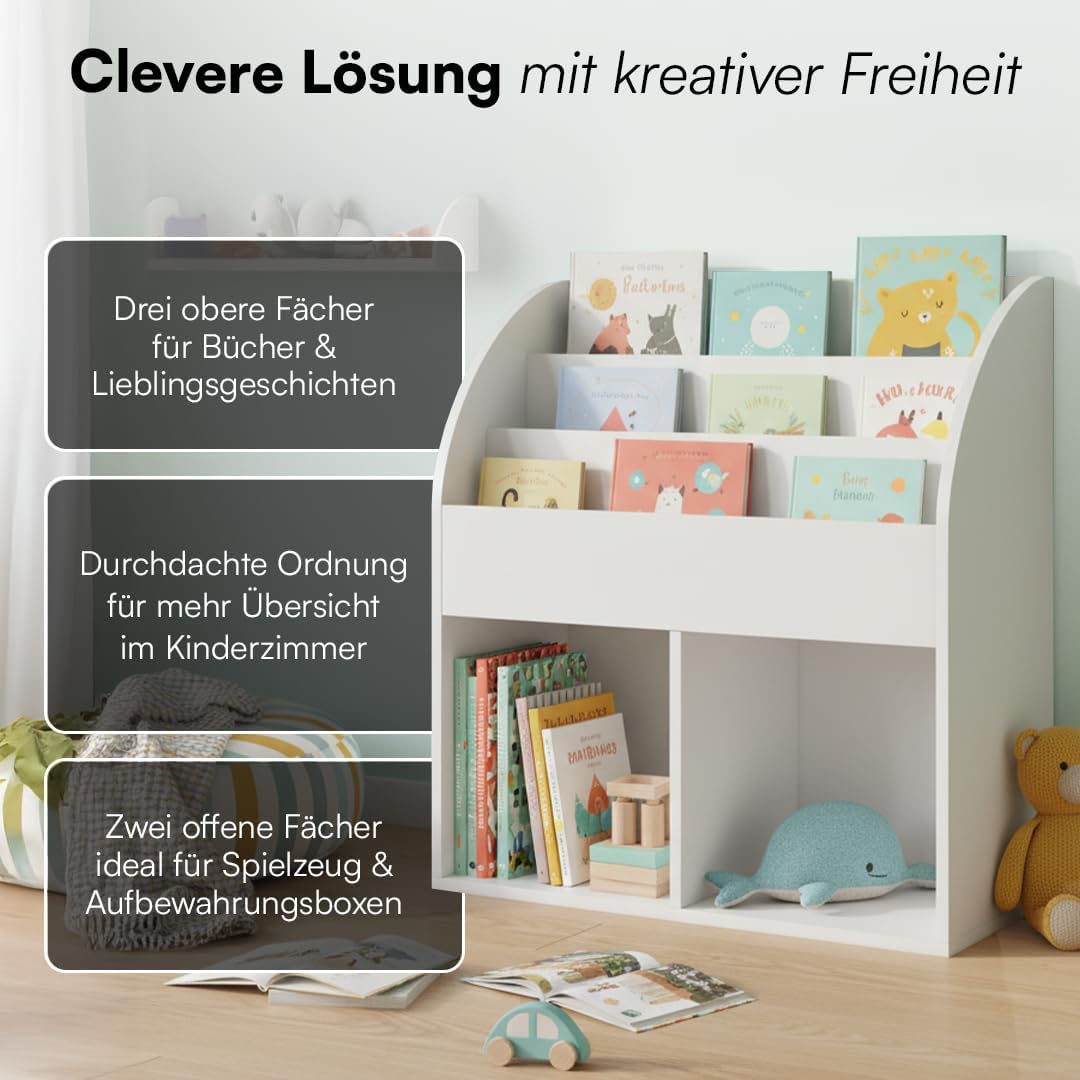 Koro Bücherregal Kinderzimmer mit 3 Fächern, 2 Faltboxen Koala/Fuchs Weiss, 2 Fächer