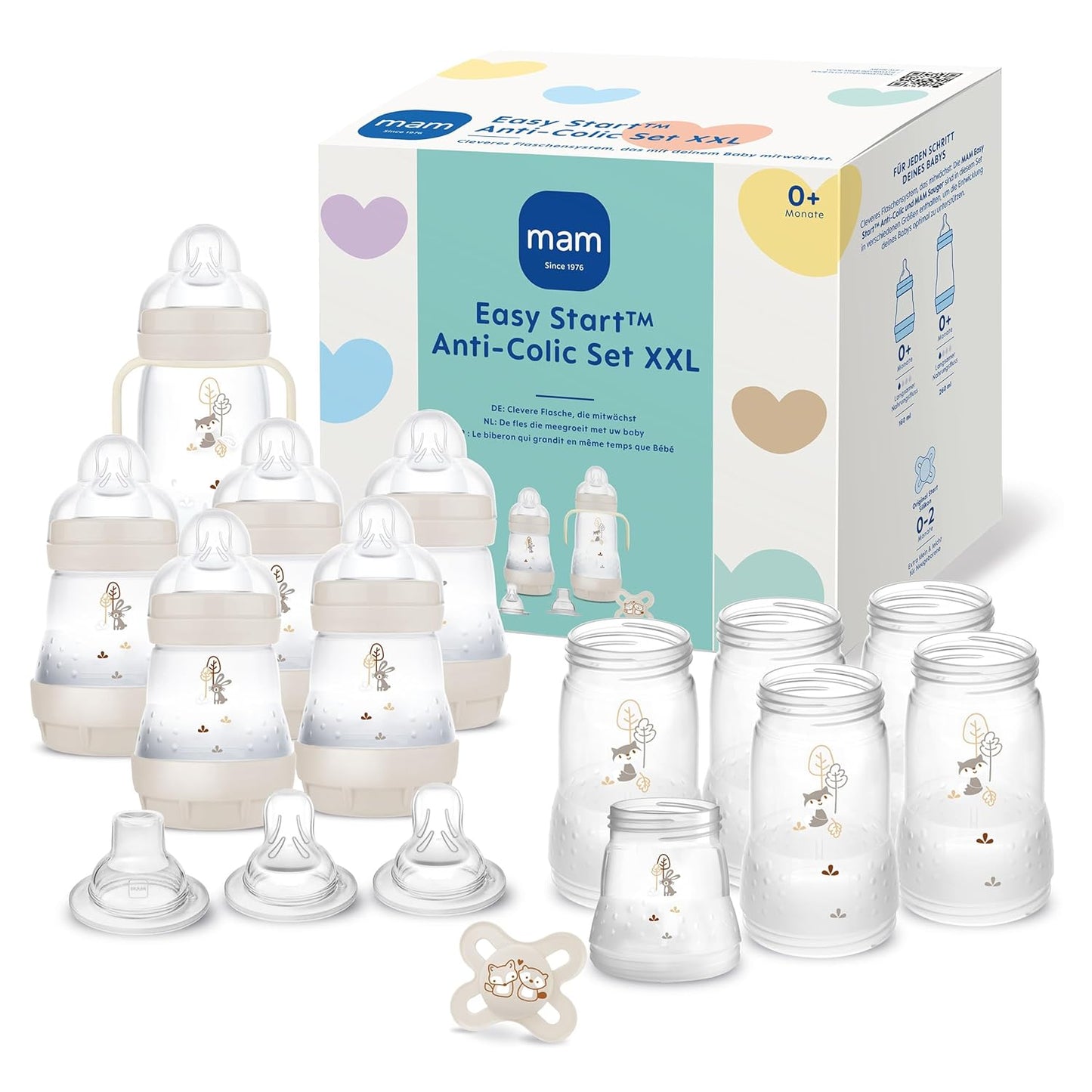 Anti-Colic Babyflaschen Set XXL mit Schnuller & Zubehör, Beige-cotton