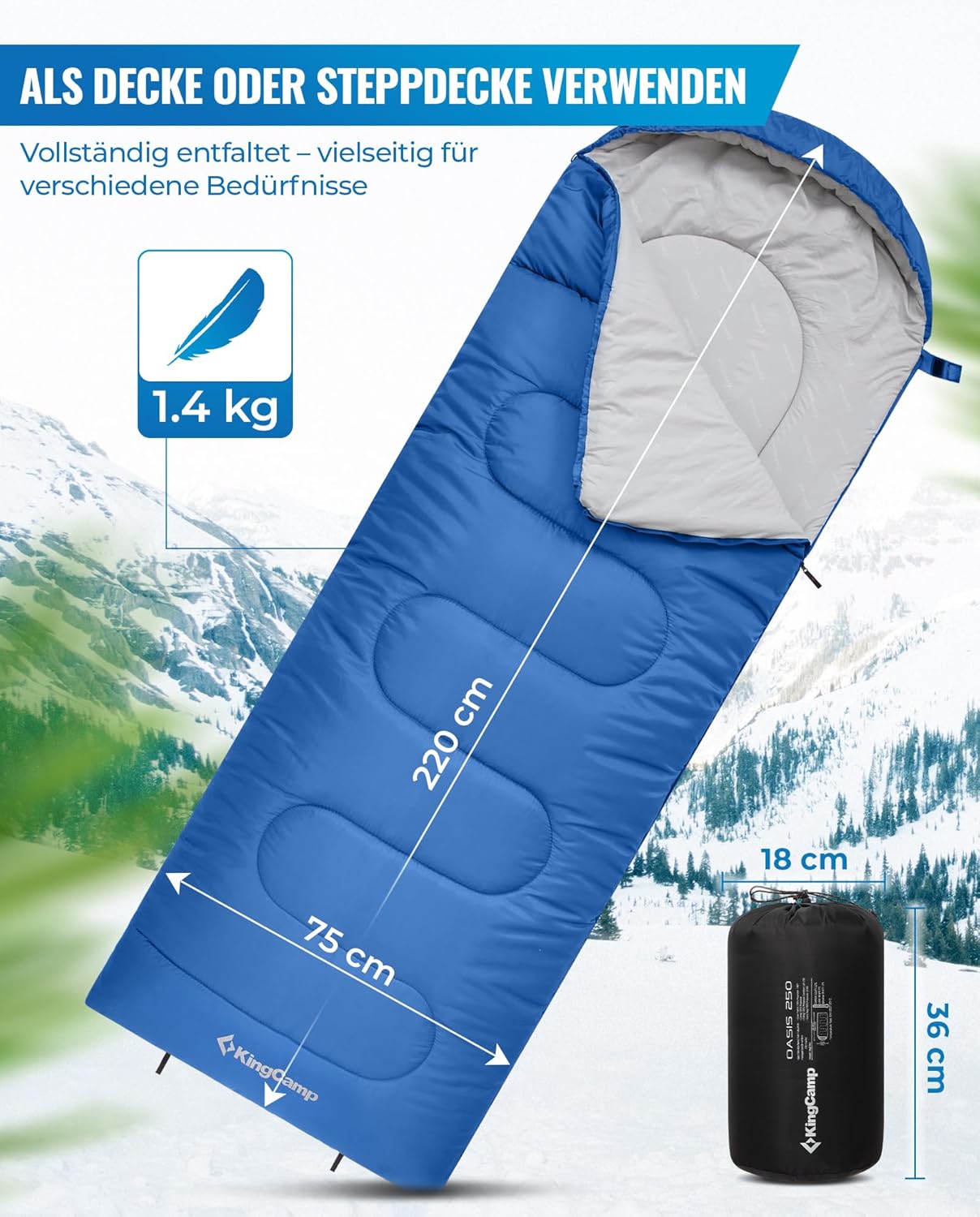 Schlafsack für Erwachsene, Blau L Zip 220×75cm