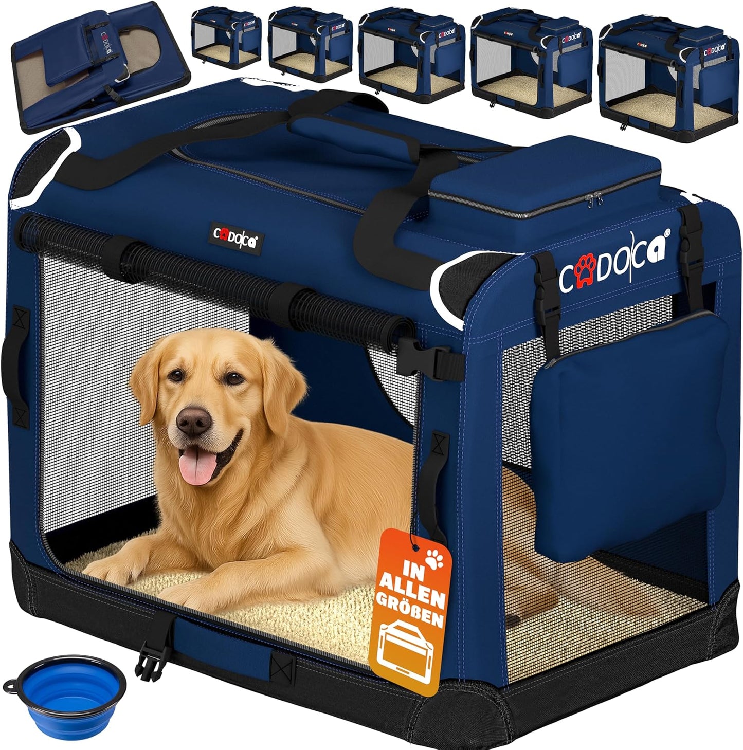 Faltbare Hundetransportbox XXXL mit Tragegriff extra Tasche und Autogurtlasche, L 101 x B 70 x H 70 cm Navy Blau
