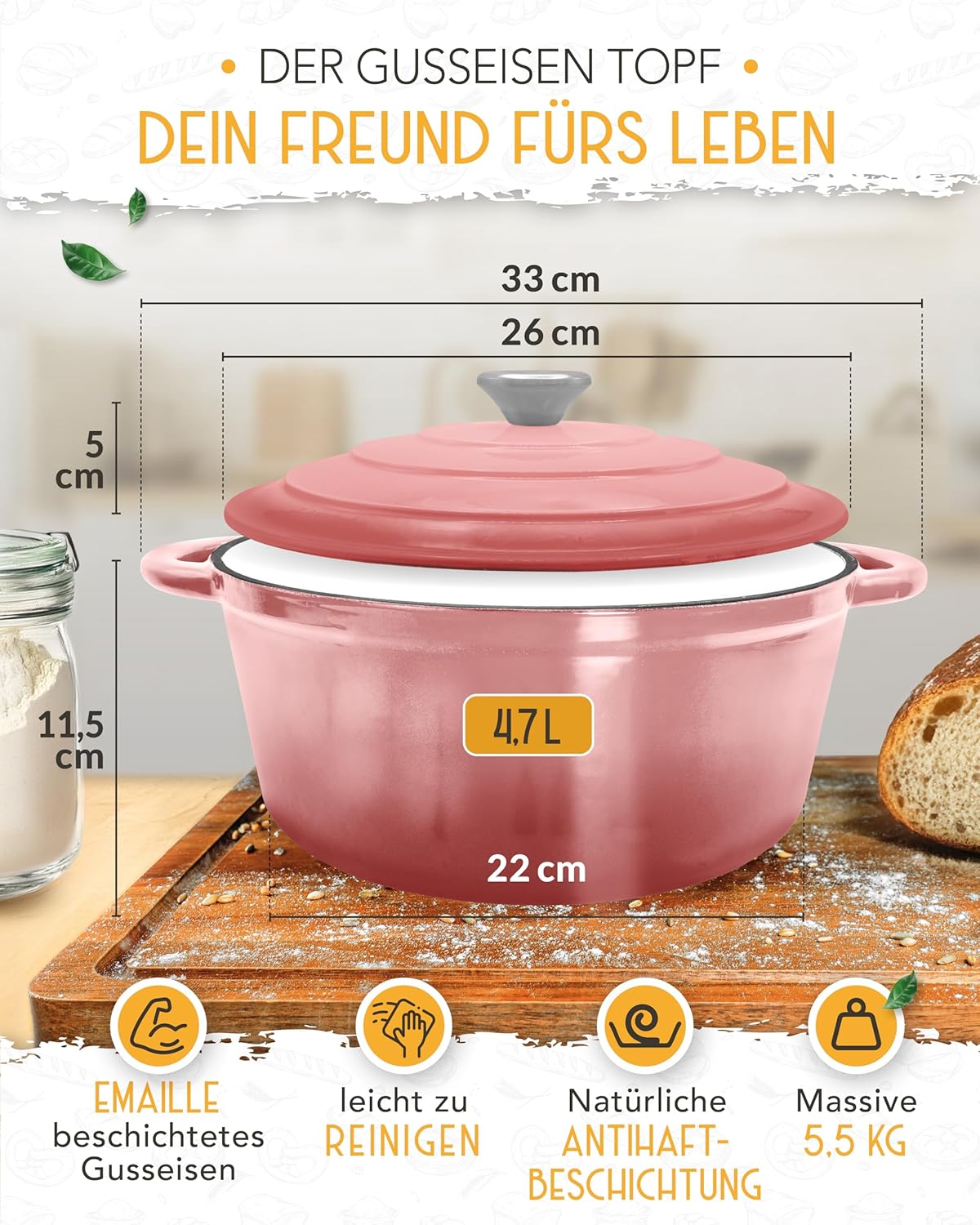 Schmortopf mit Deckel, backofengeeignet, Emaille Topf 4,7l - Rosa - Einzeln