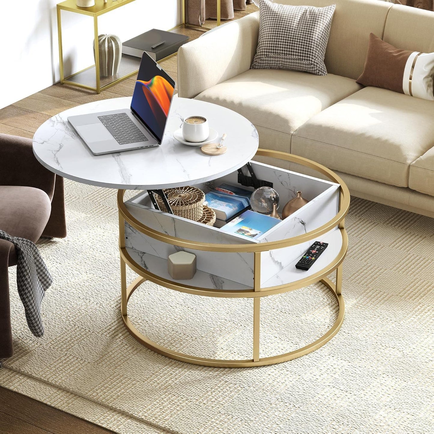 Runder Couchtisch mit Stauraum, Weiss&gold 80x80x47cm
