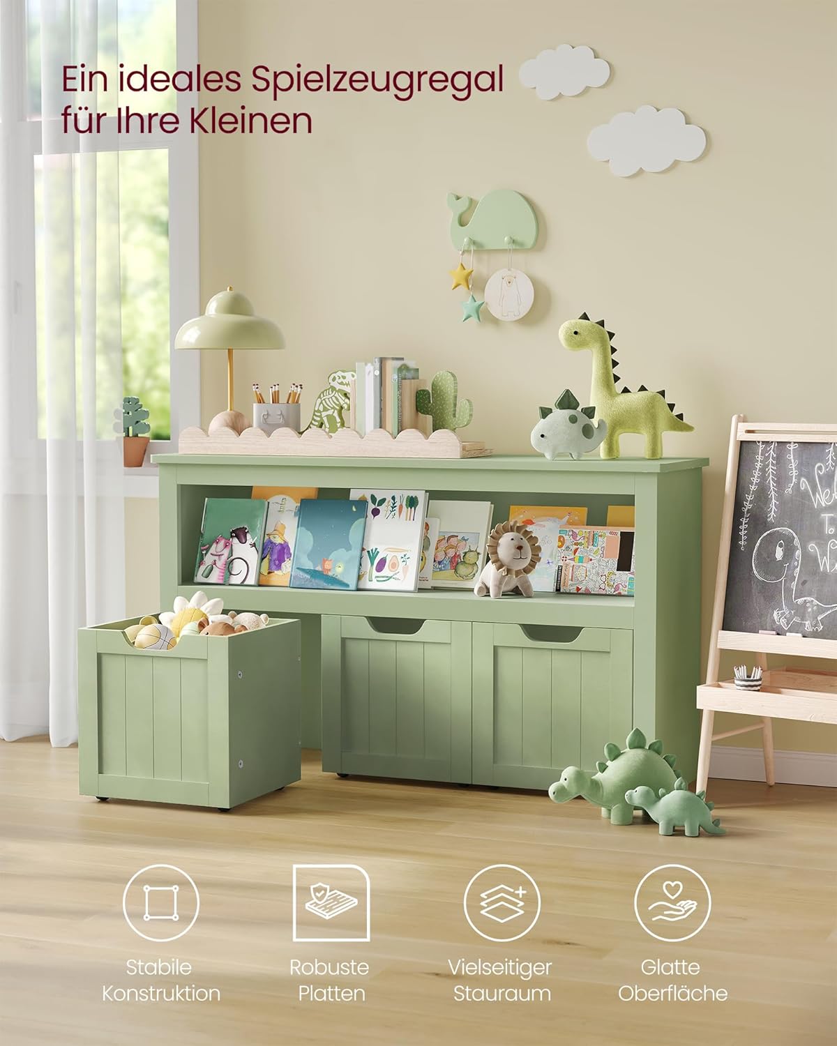 Kinderregal mit 3 Aufbewahrungsboxen auf Rollen, LHS380CE01, Lorbeergrün, 3 drawers